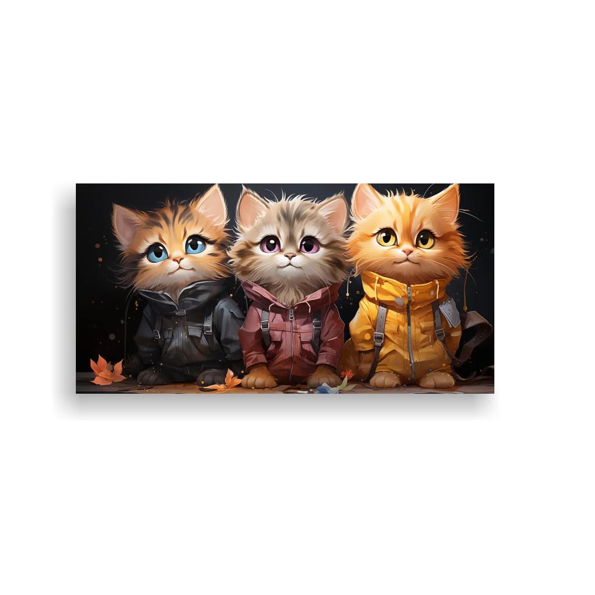 Cuadro tres gatitos con chaquetas y mochilas