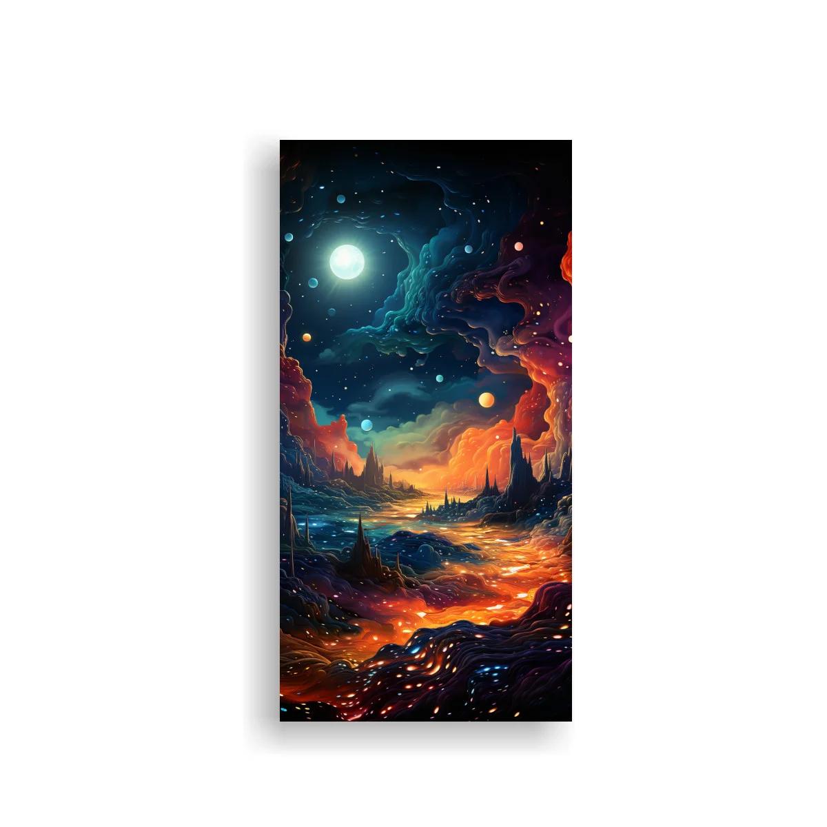 Cuadro paisaje cósmico fantástico con luna brillante y cauce luminoso