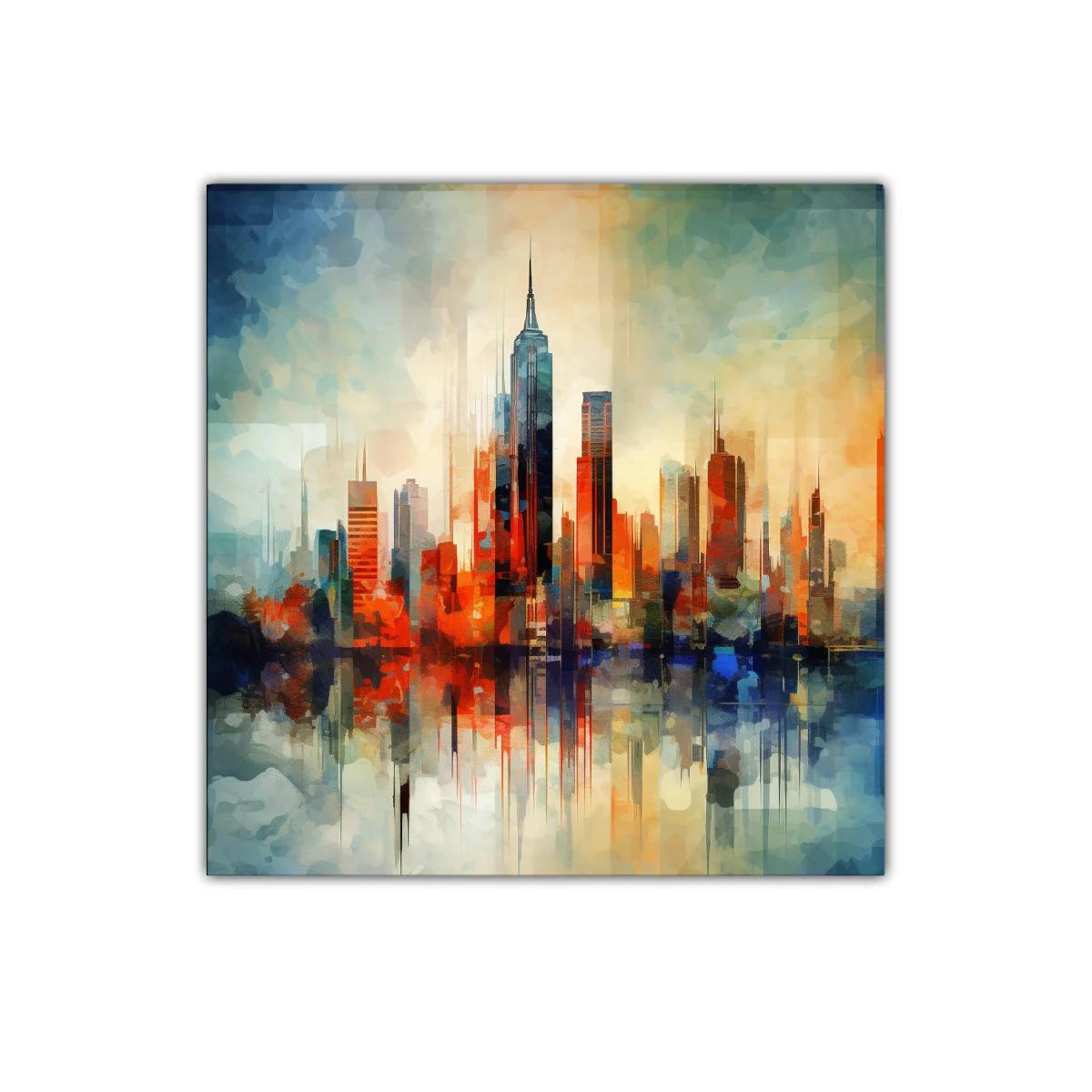Ciudad vibrante al atardecer con reflejos abstractos