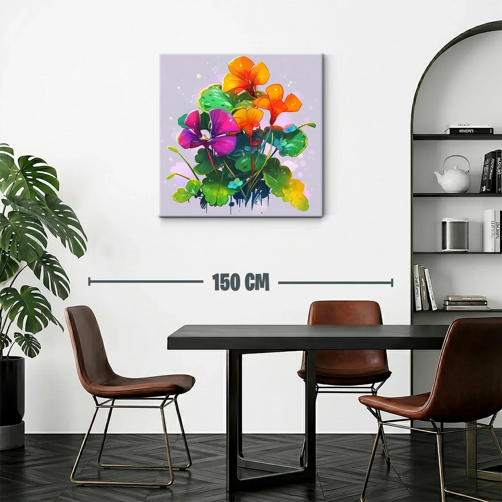 Cuadro floral vibrante con tonos naranjas y púrpuras — miniatura 2