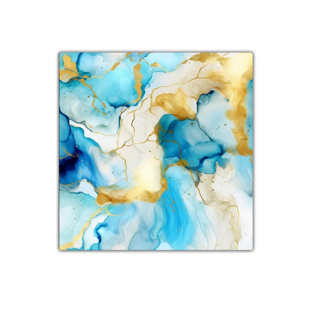 Cuadro abstracto azul y dorado con diseño fluido elegante — miniatura 1