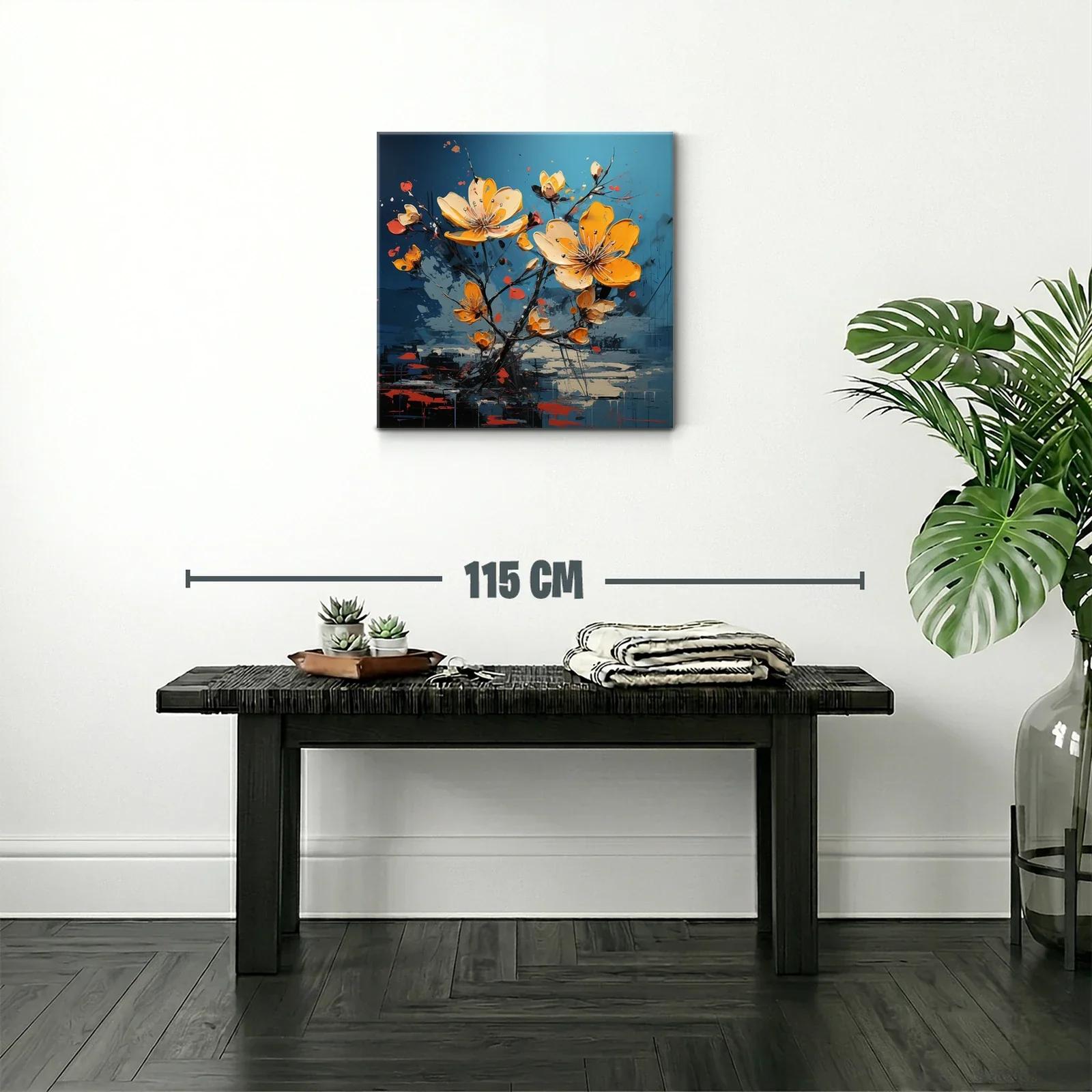 Cuadro floral en vibrantes tonos amarillos y fondo azul — miniatura 2