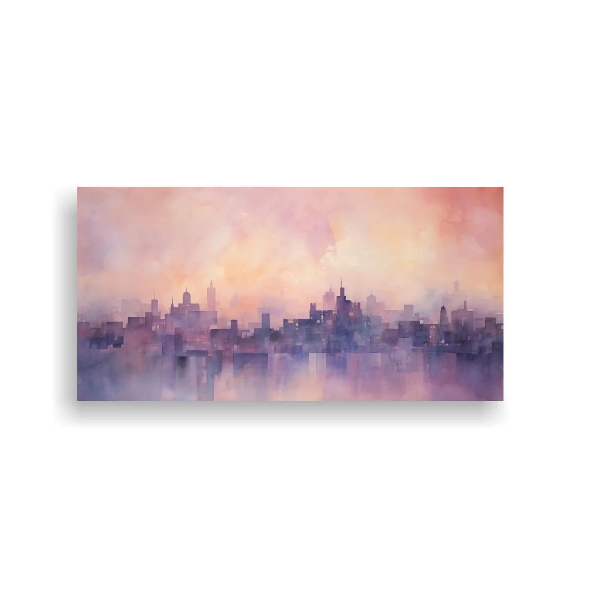 Cuadro skyline urbano difuminado en lila y rosa