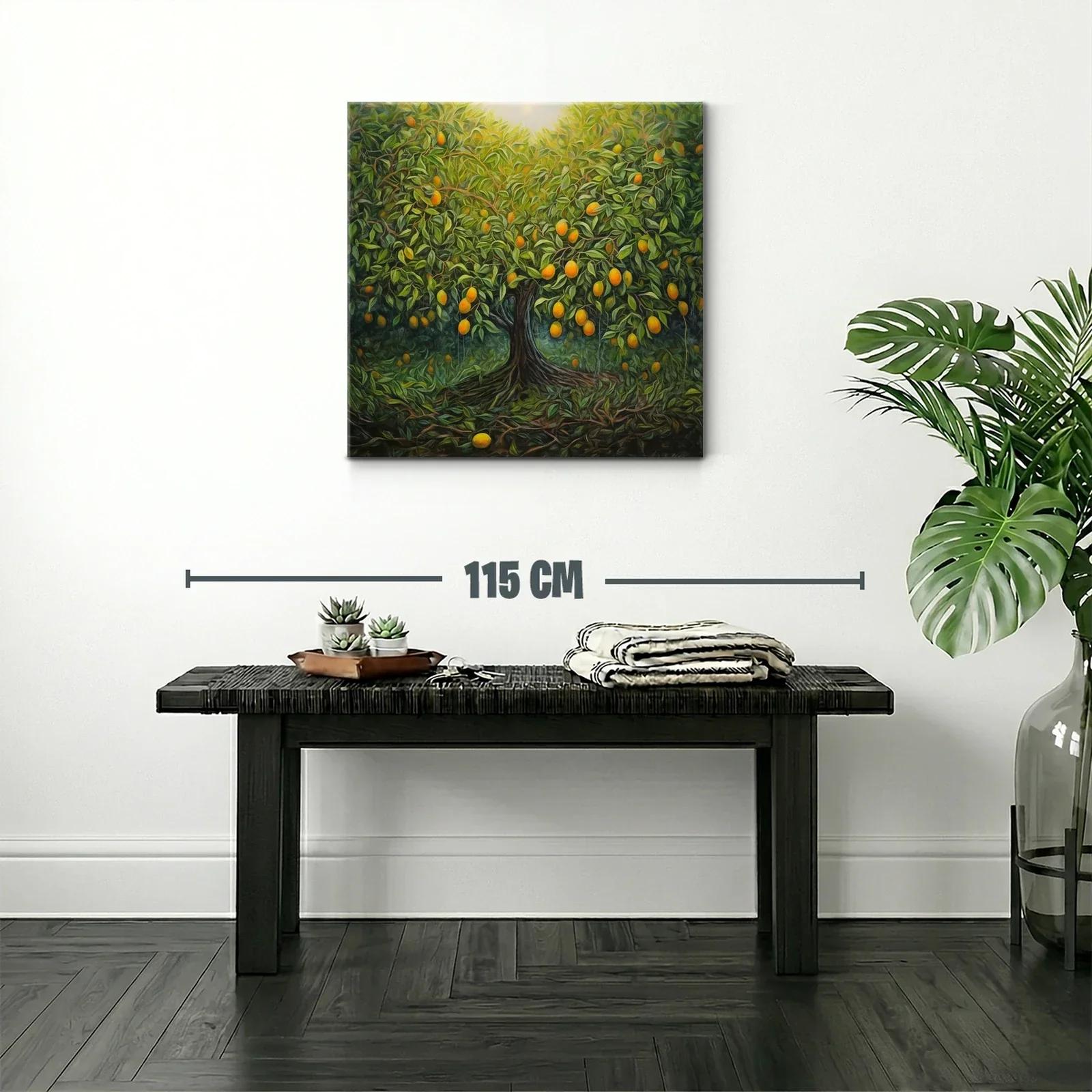 Cuadro árbol frutal con tonos verdes y naranjas vibrantes — miniatura 2