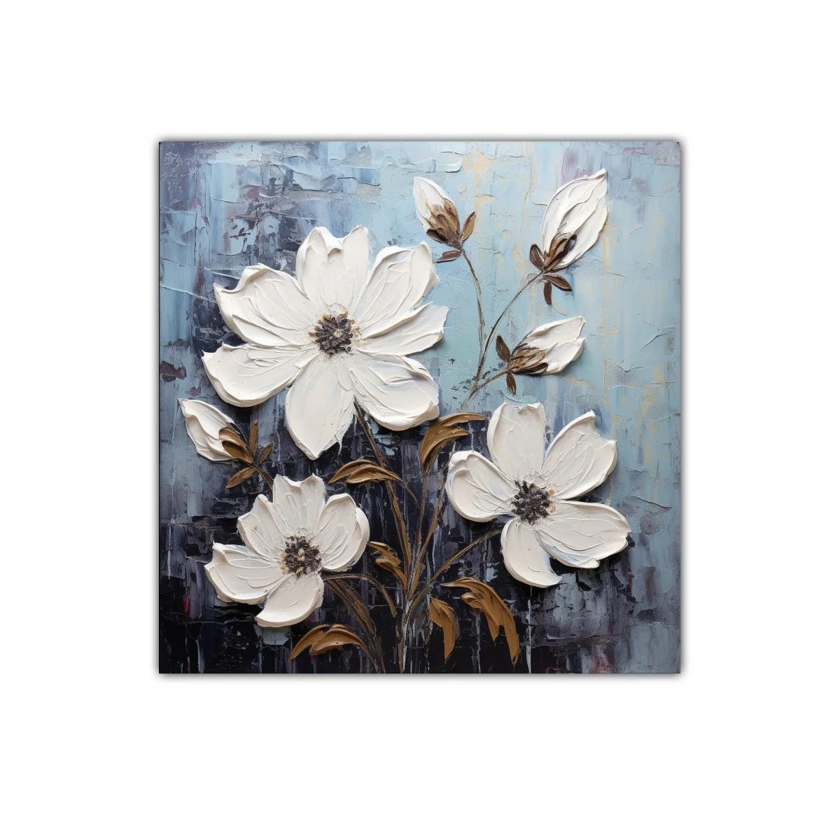 Cuadro decorativo con flores blancas y fondo azul grisáceo — imagen principal