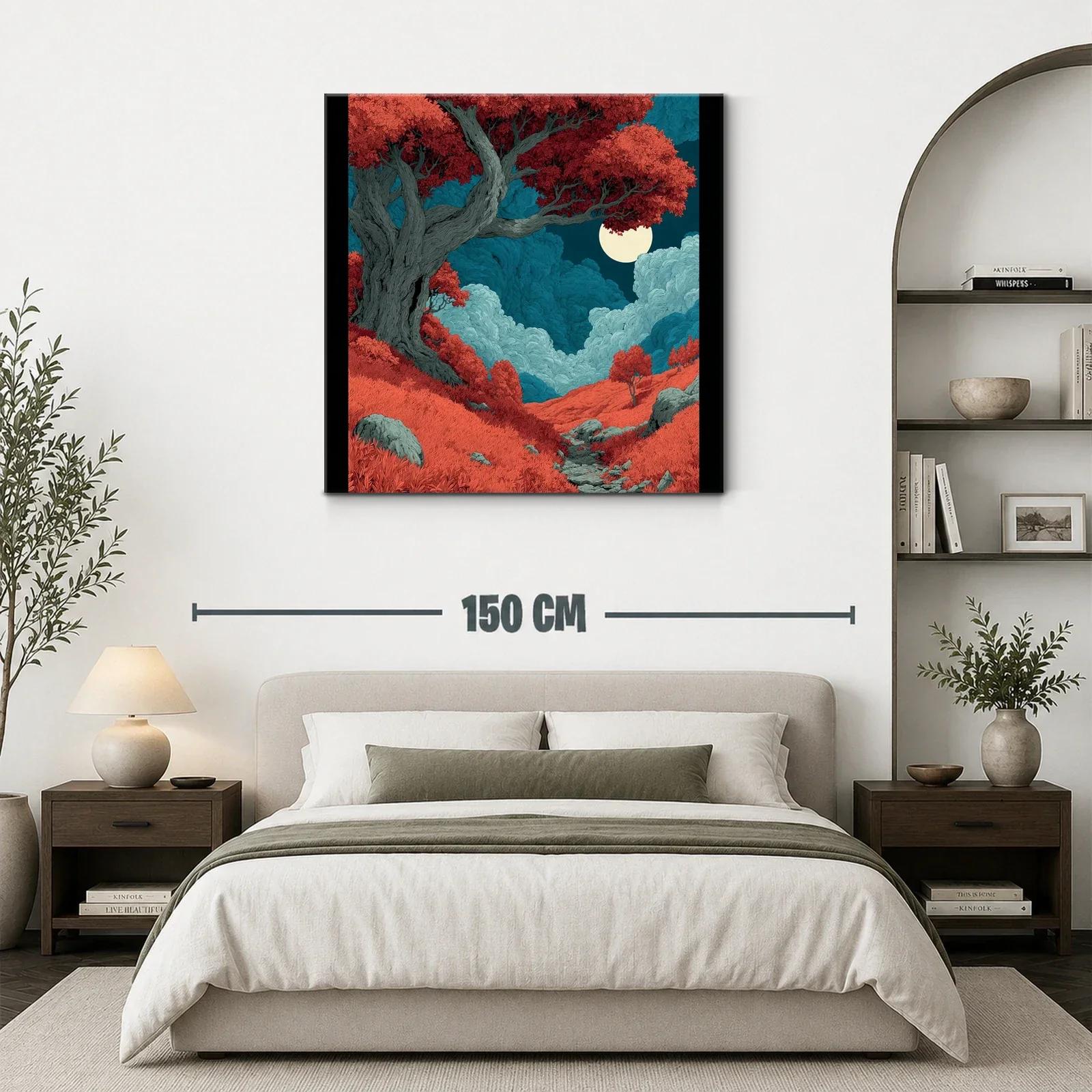 Paisaje mágico con árbol rojo y luna llena brillante — miniatura 3