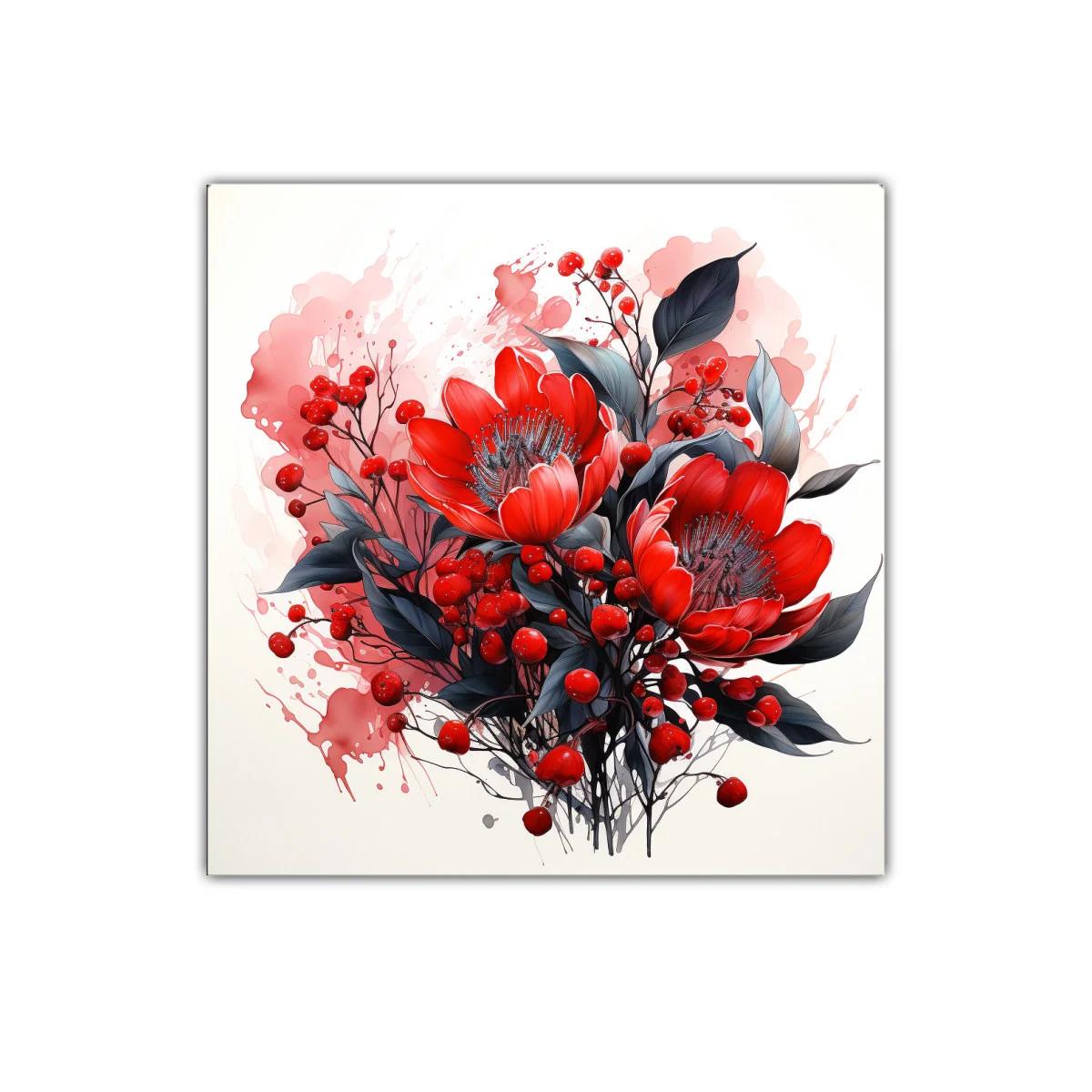 Cuadro floral vibrante con tonos rojos y negros para decoración