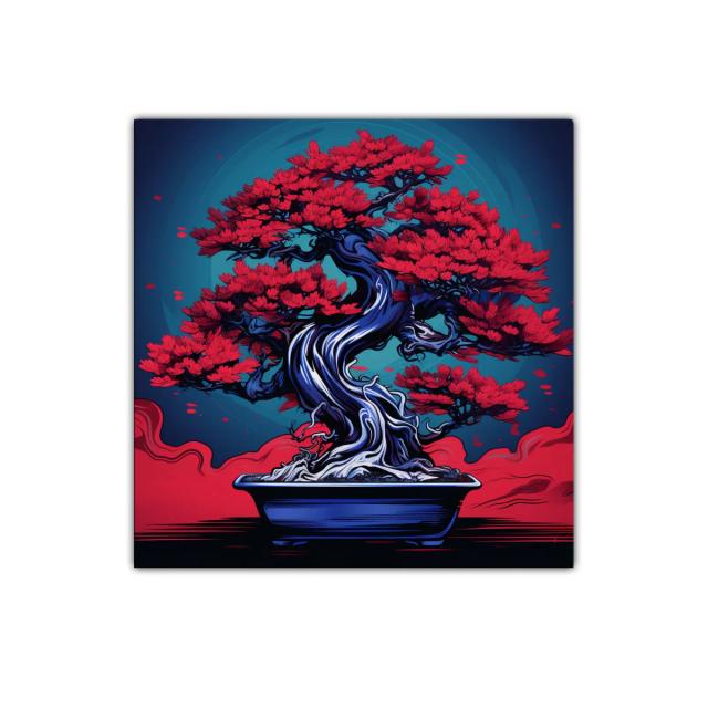Bonsái rojo vibrante con fondo azul profundo