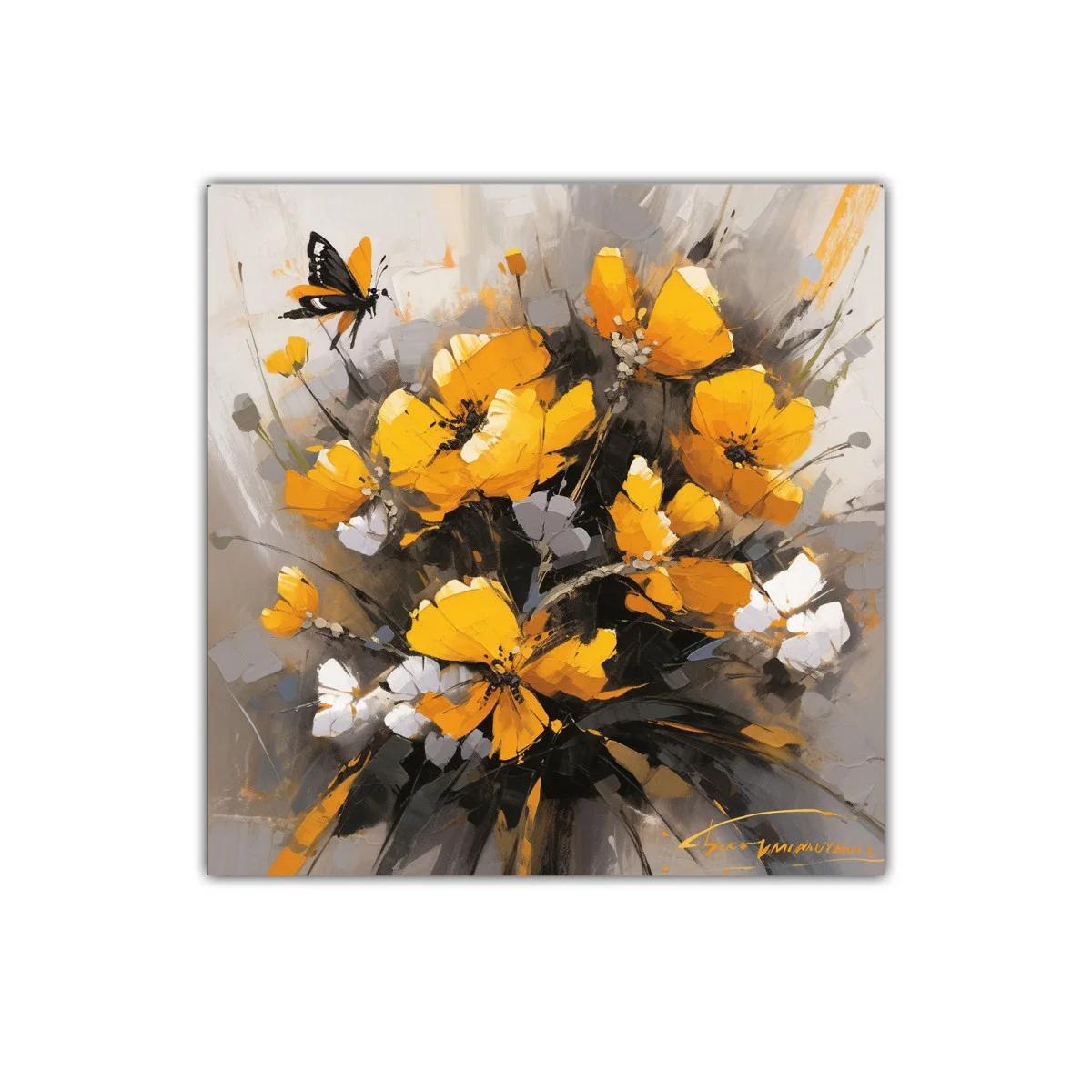 Cuadro floral con mariposas en tonos amarillos y grises