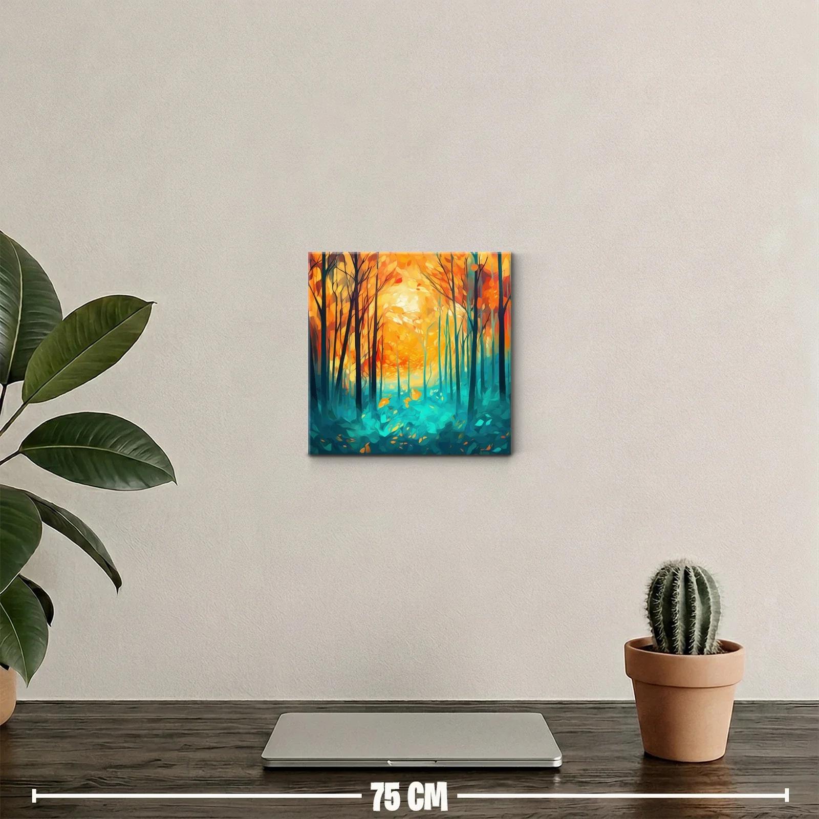 Bosque vibrante con árboles al amanecer en tonos cálidos — miniatura 2