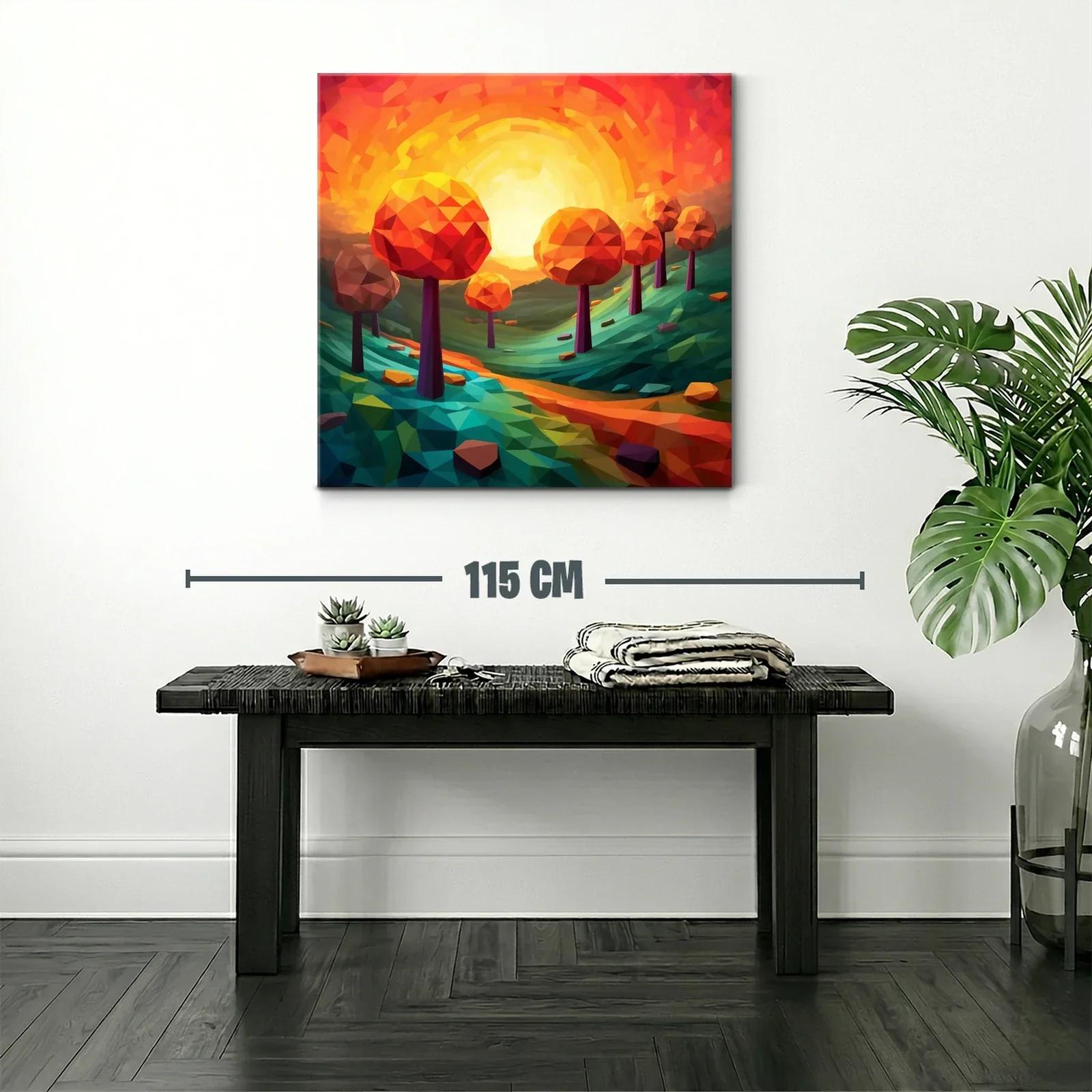 Paisaje geométrico con árboles naranjas al atardecer — miniatura 2