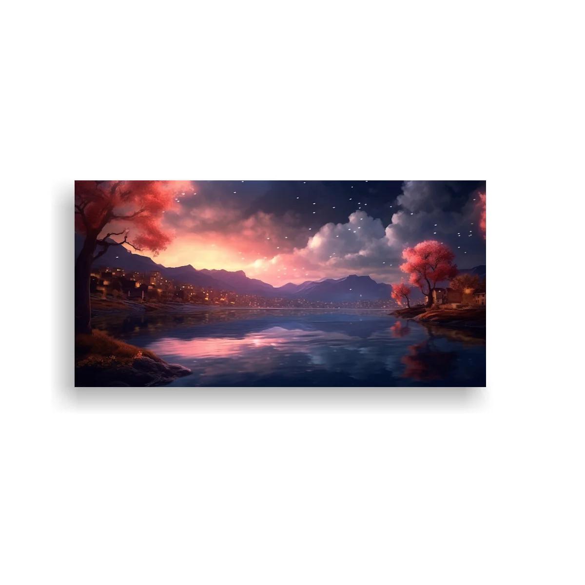 Cuadro lago al atardecer con casas iluminadas