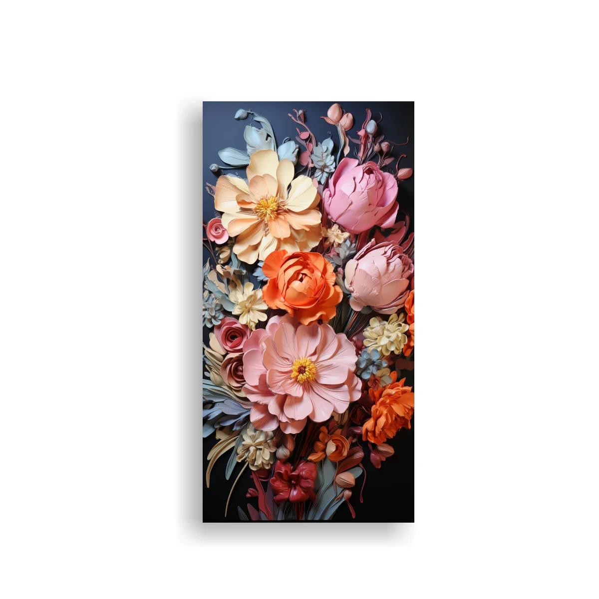 Cuadro ramo de flores rosa coral y crema sobre fondo oscuro