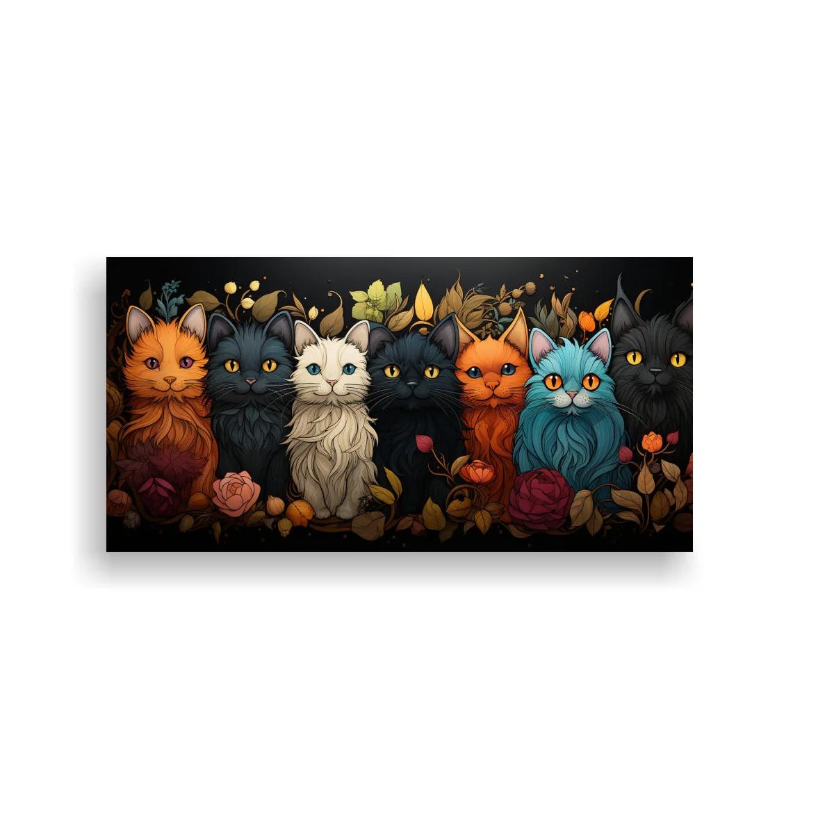 Cuadro grupo de gatos peludos entre flores y follaje
