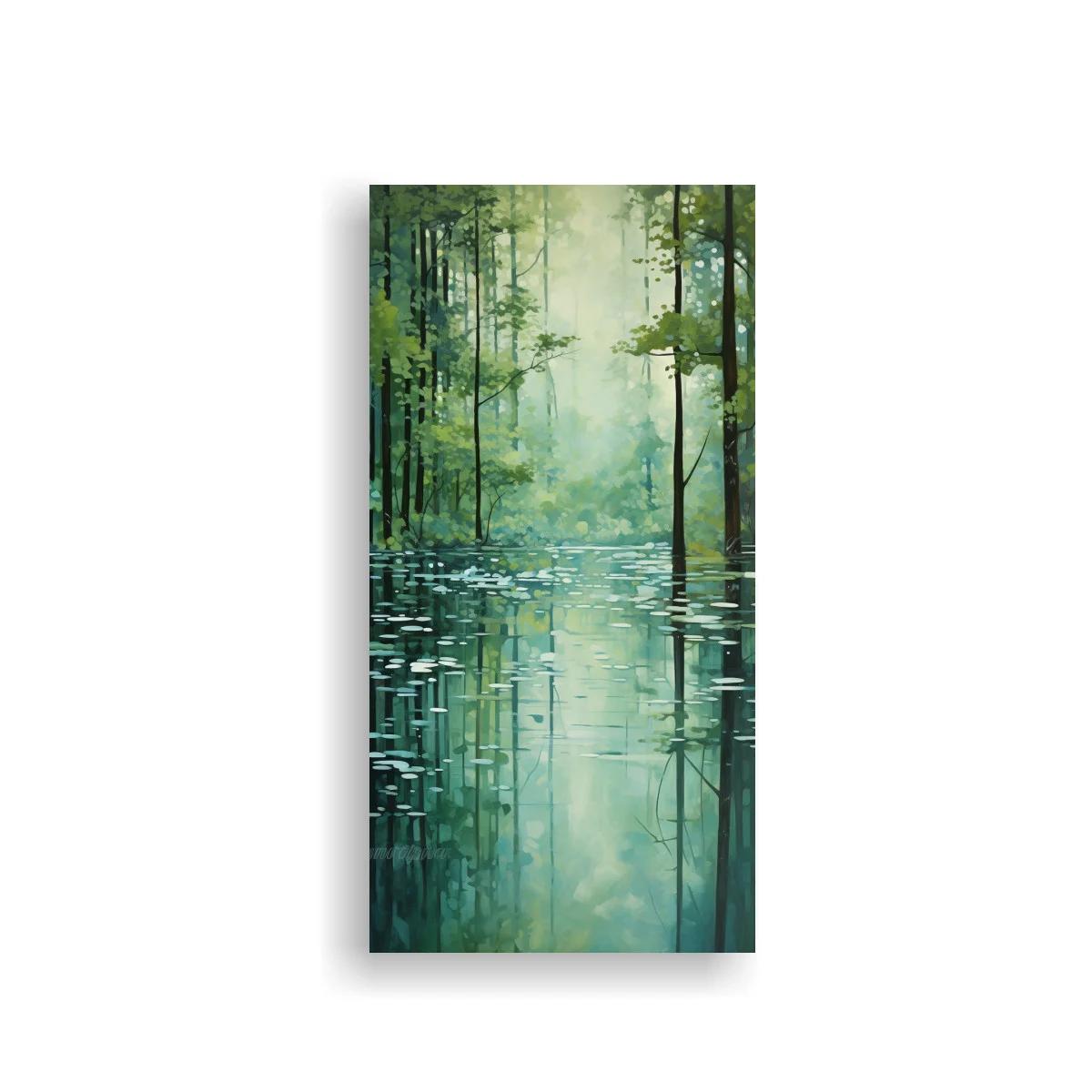 Cuadro bosque inundado con reflejos y bruma suave
