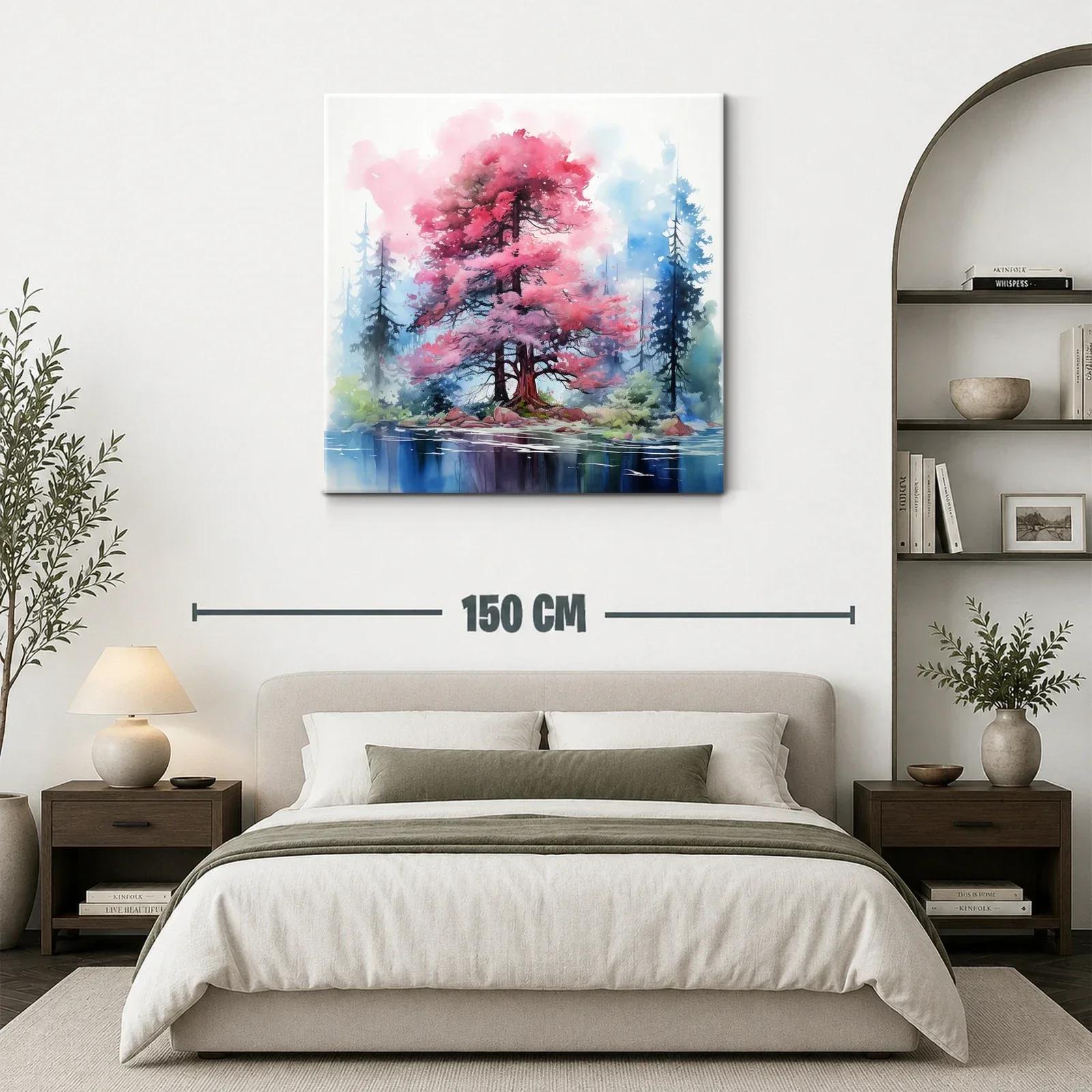 Árbol en tonos rosas y azules sobre lago sereno y bosques — miniatura 3