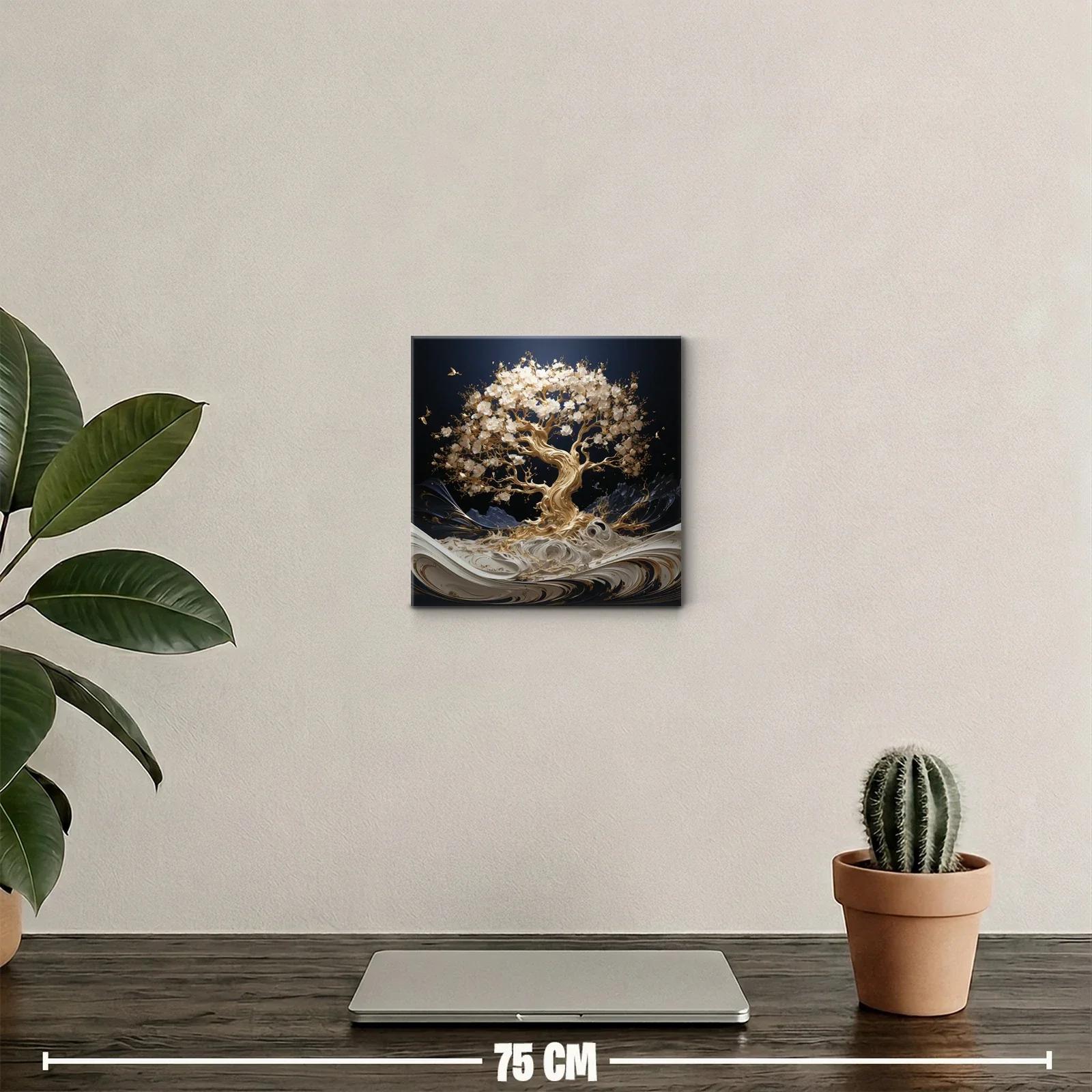 Árbol dorado con flores blancas sobre fondo oscuro — miniatura 2