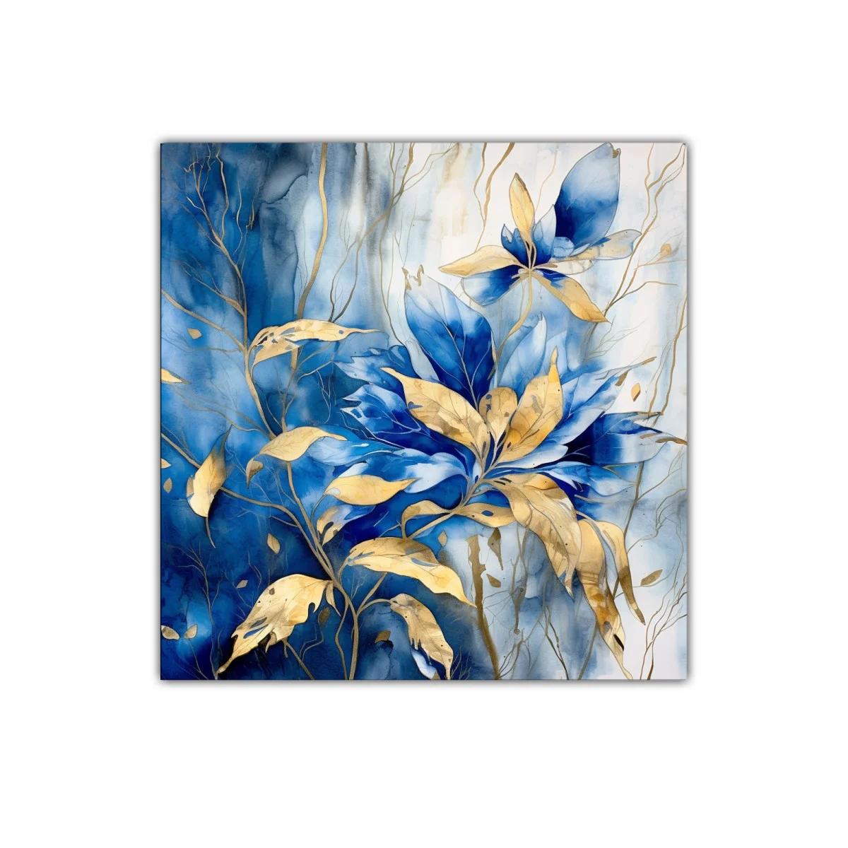 Cuadro floral con contrastes en azul y dorado elegante — imagen principal