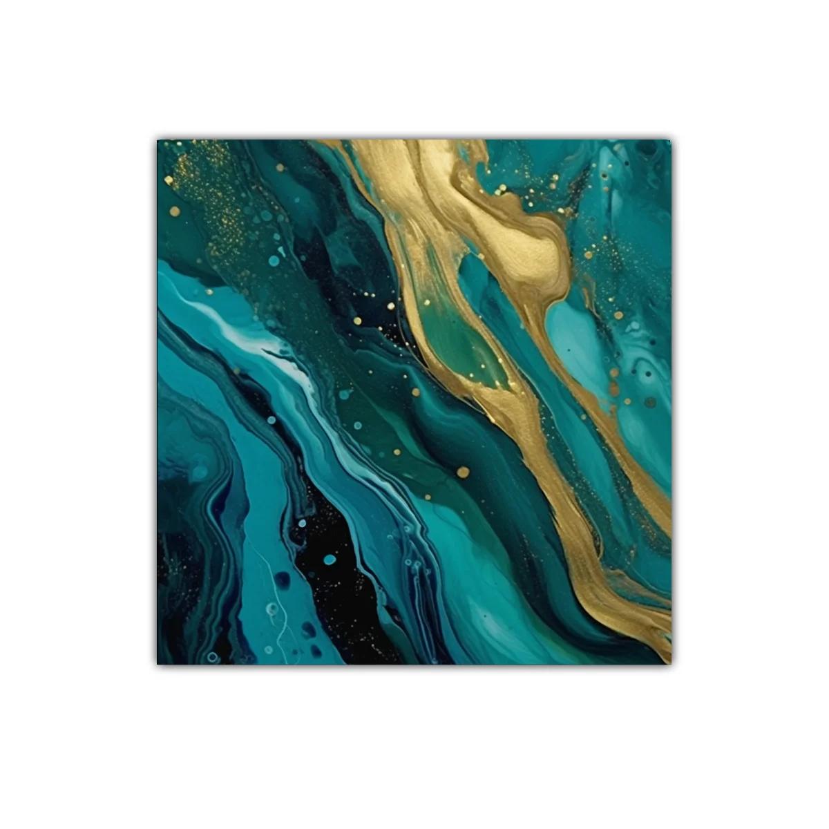 Cuadro abstracto con tonos turquesa y dorados brillantes