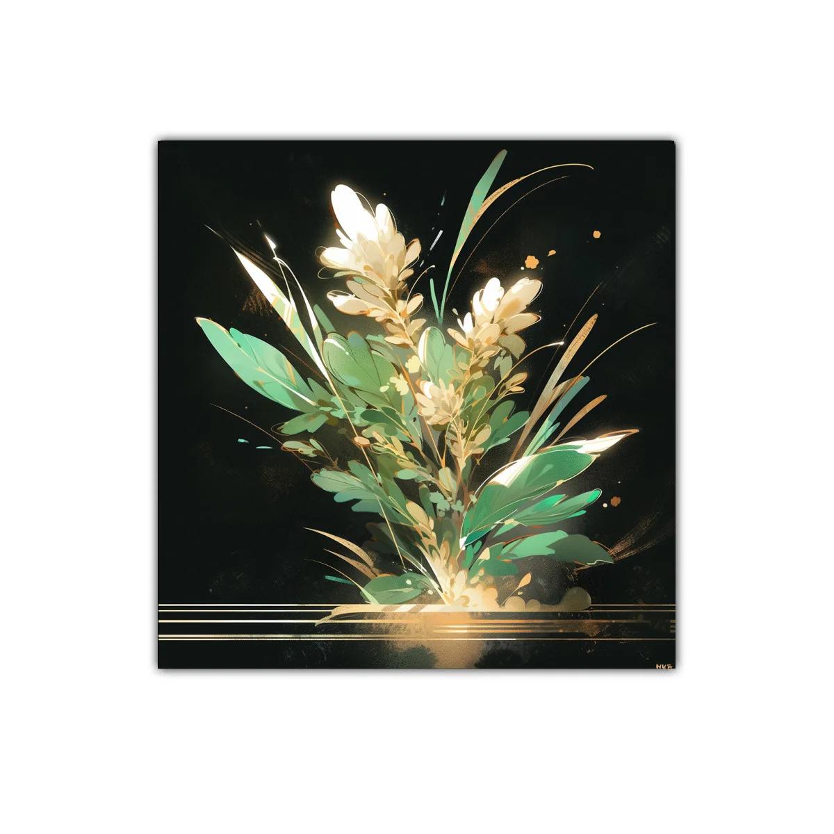 Elegante composición floral en tonos verdes y dorados — imagen principal