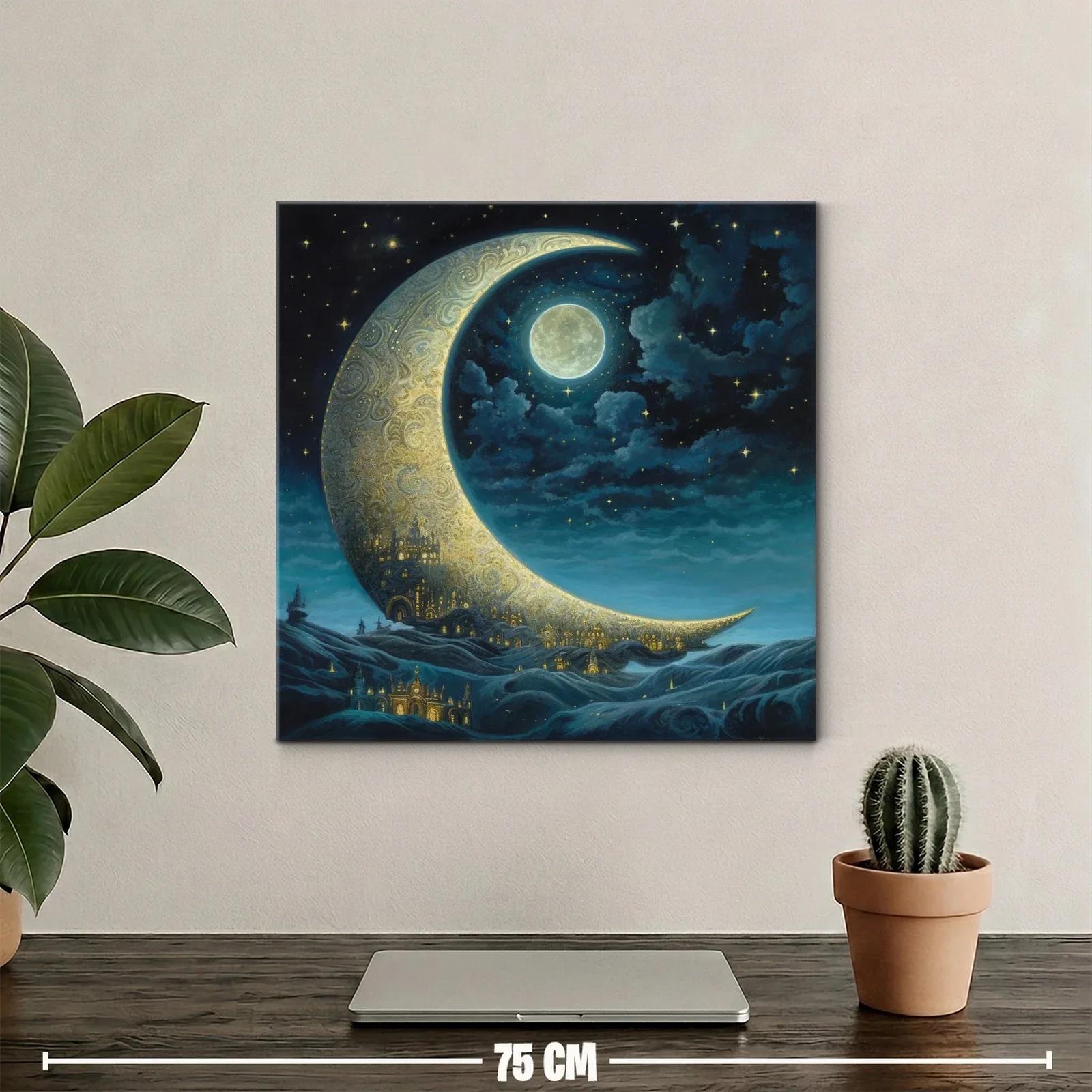 Paisaje nocturno con luna creciente y ciudad dorada — miniatura 2
