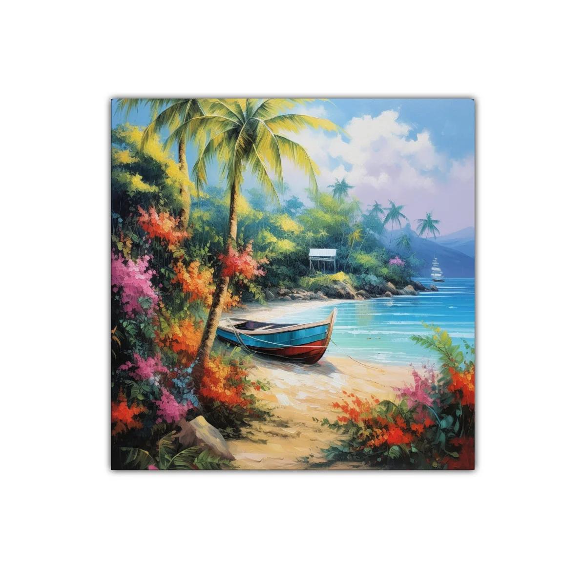 Paisaje tropical con barca en playa paradisíaca y flora vibrante — imagen principal