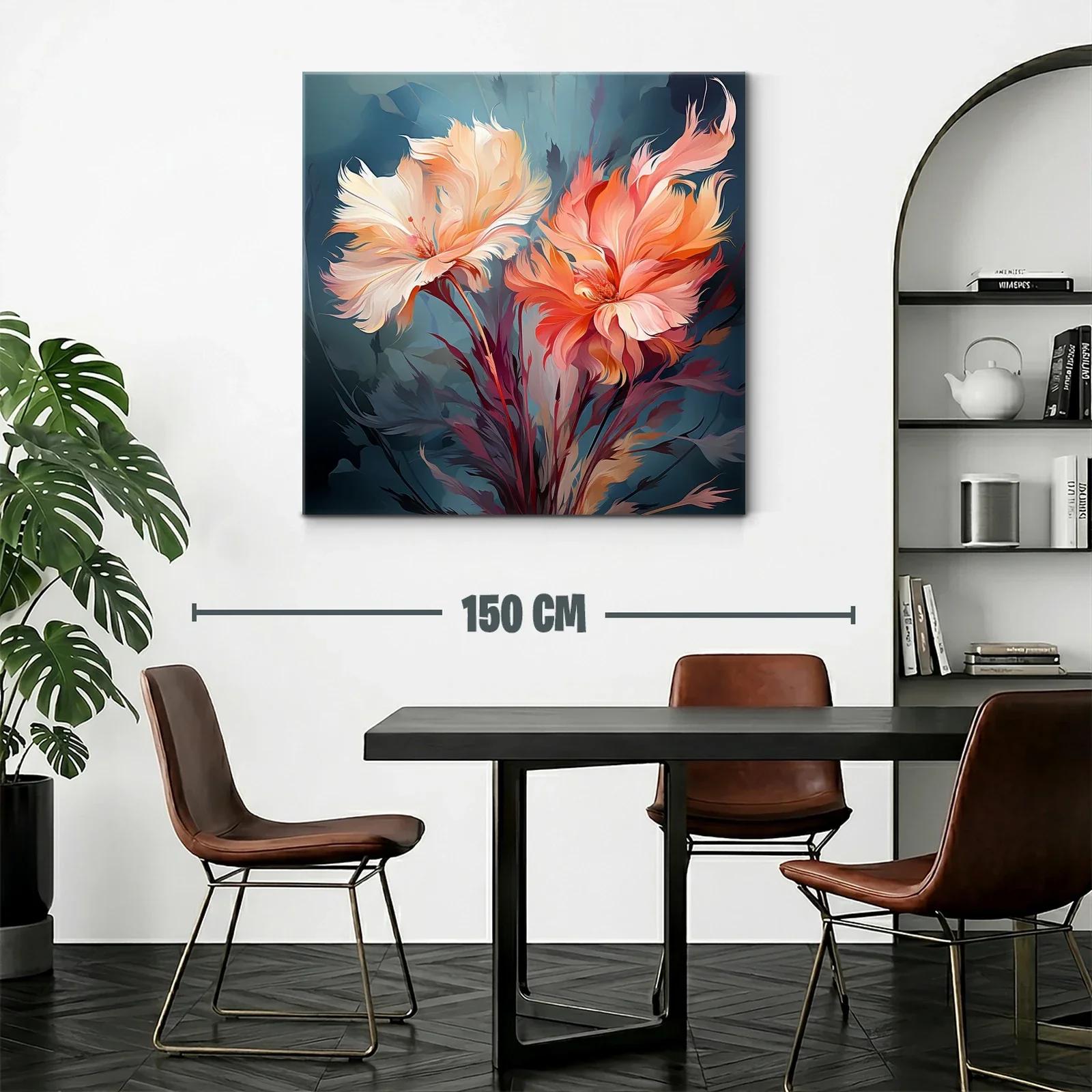Cuadro floral con tonos cálidos y fondo azul profundo — miniatura 2