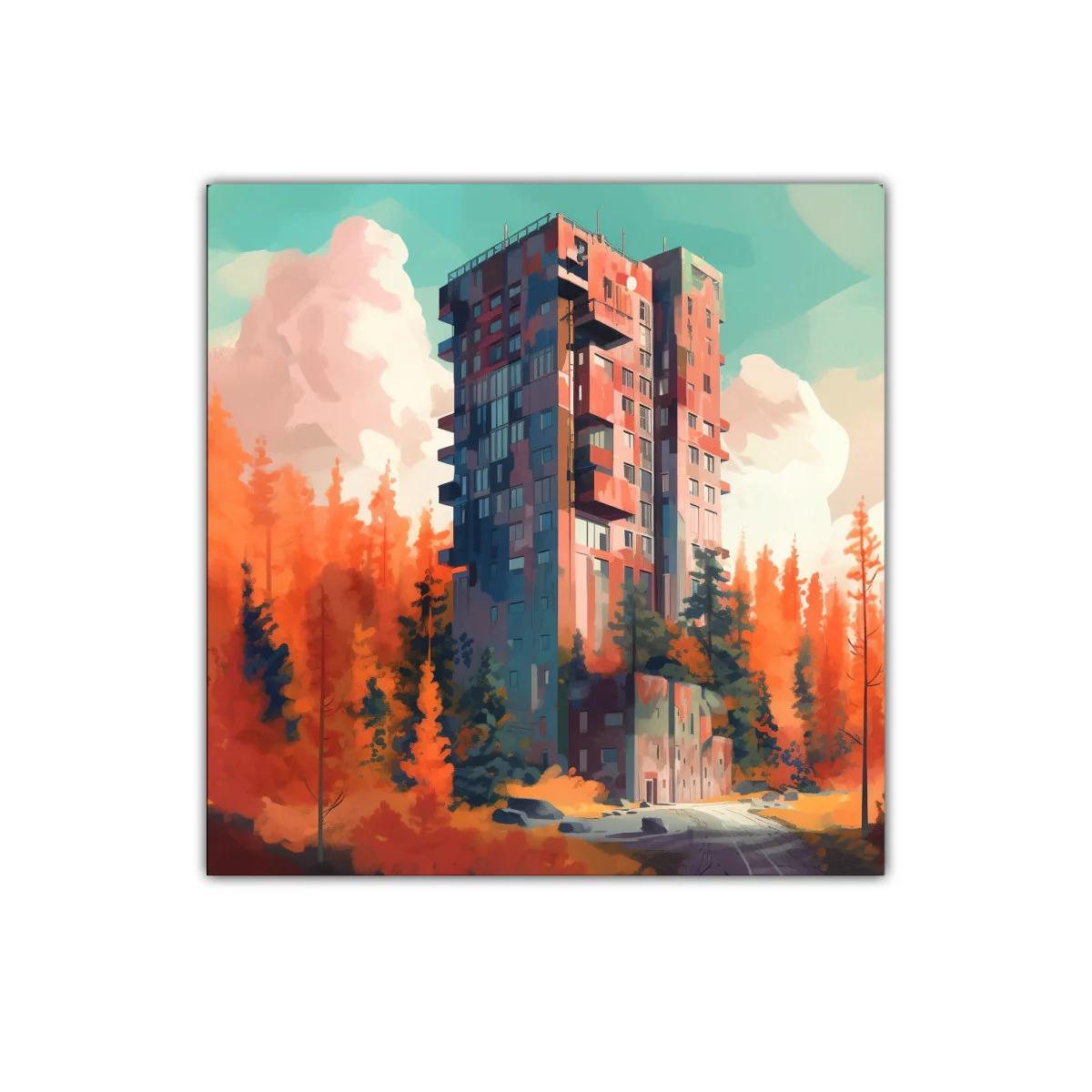 Edificio solitario en paisaje otoñal entre árboles naranjas — imagen principal