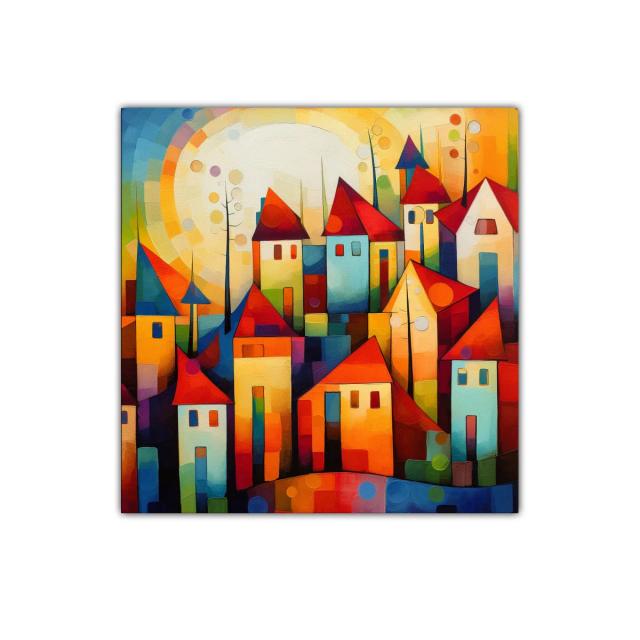 Pueblo colorido con techos rojos y atmósfera luminosa