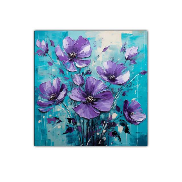 Cuadro decorativo con flores moradas sobre fondo azul vibrante