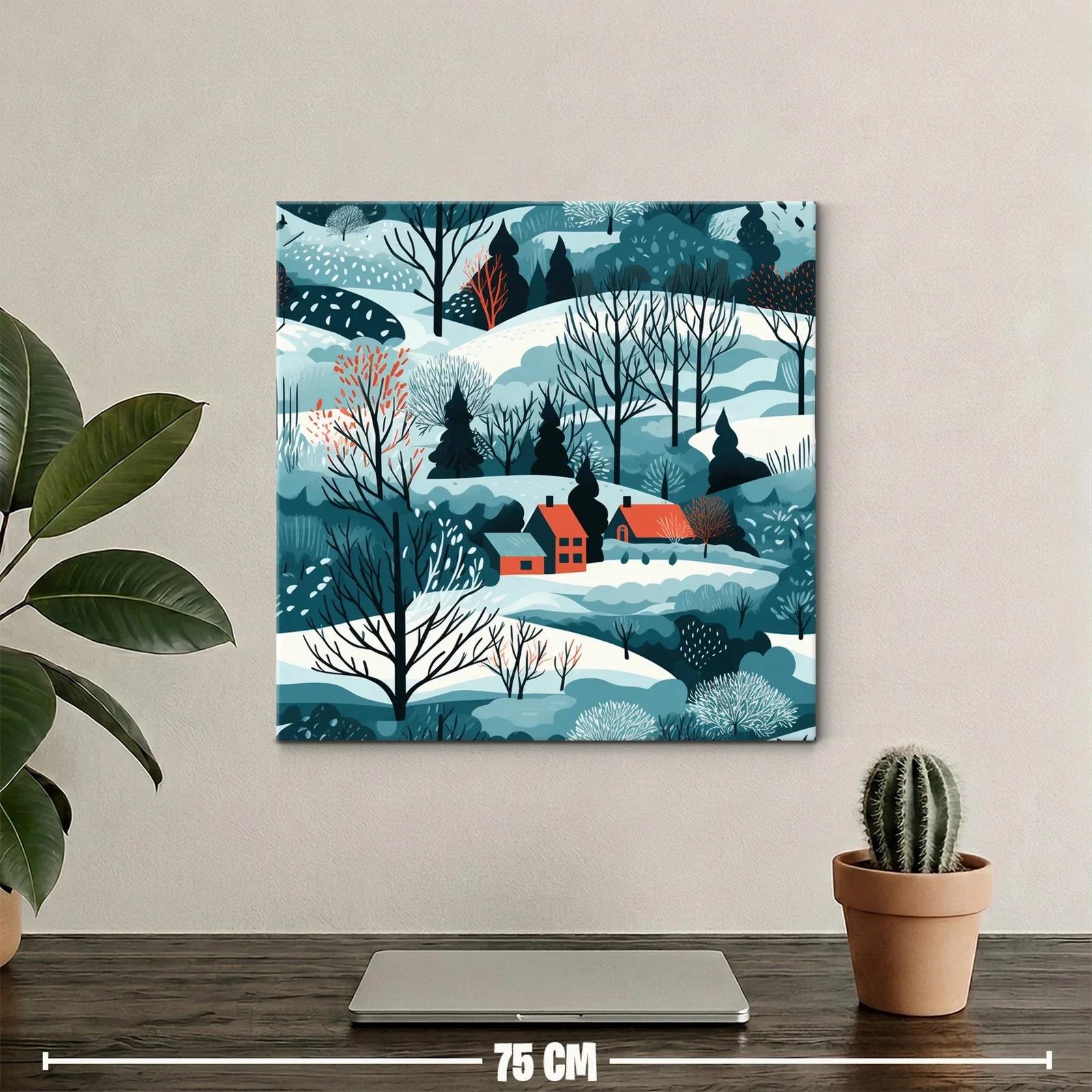 Paisaje invernal con casas y árboles desnudos en tonos fríos — miniatura 2