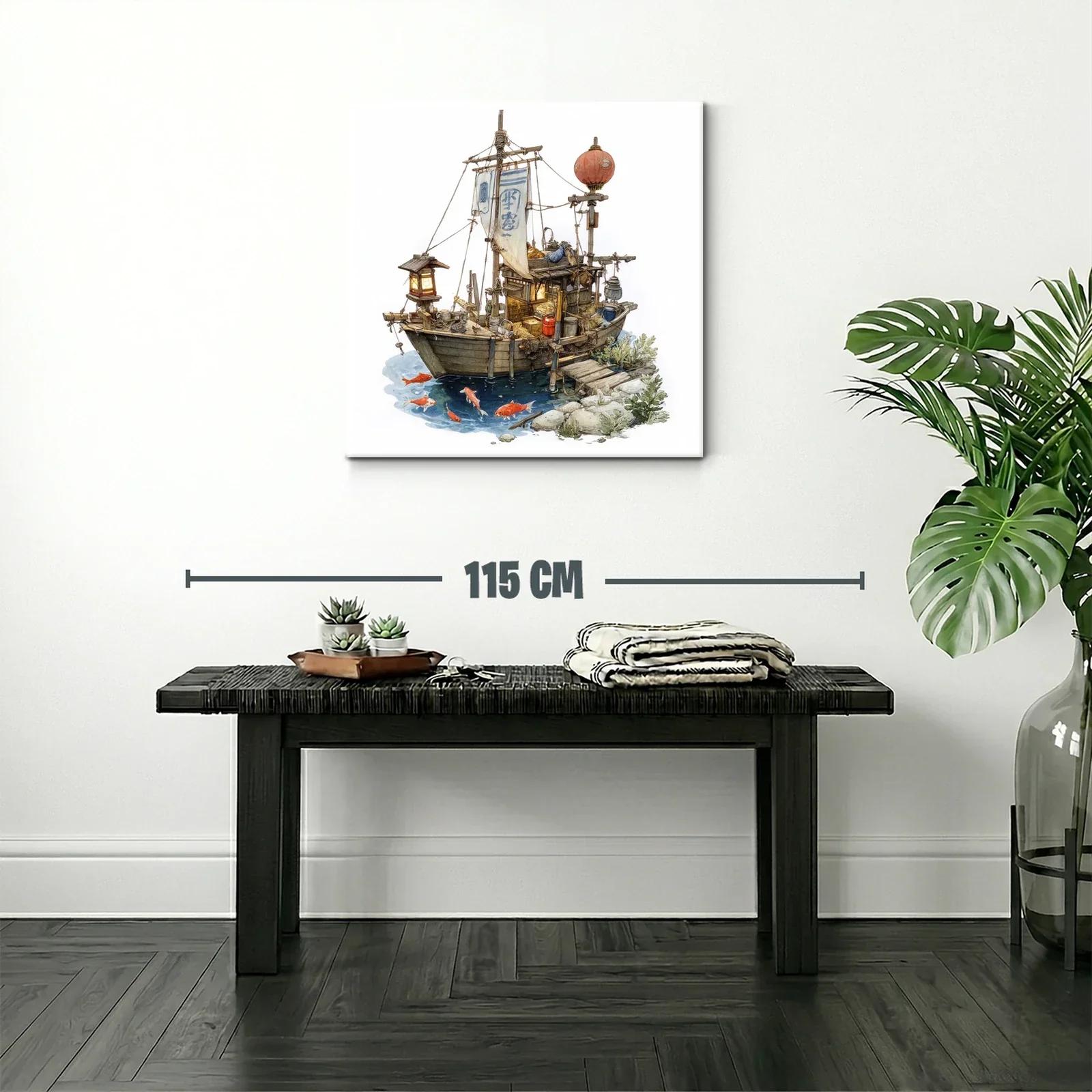 Barco tradicional con linternas y peces en agua tranquila — miniatura 2