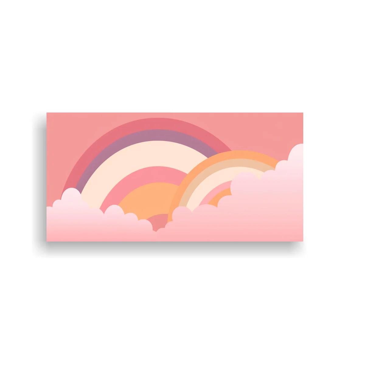 Cuadro arcoíris pastel con nubes rosadas y sol semicircular