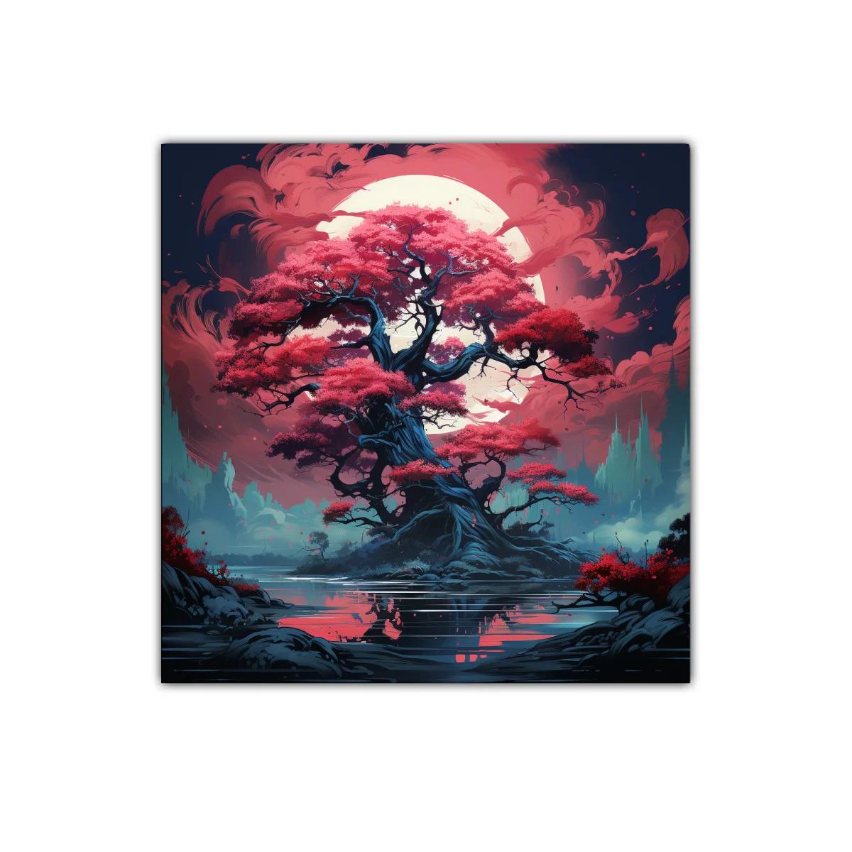 Árbol mágico con hojas rojas bajo luna llena brillante — imagen principal