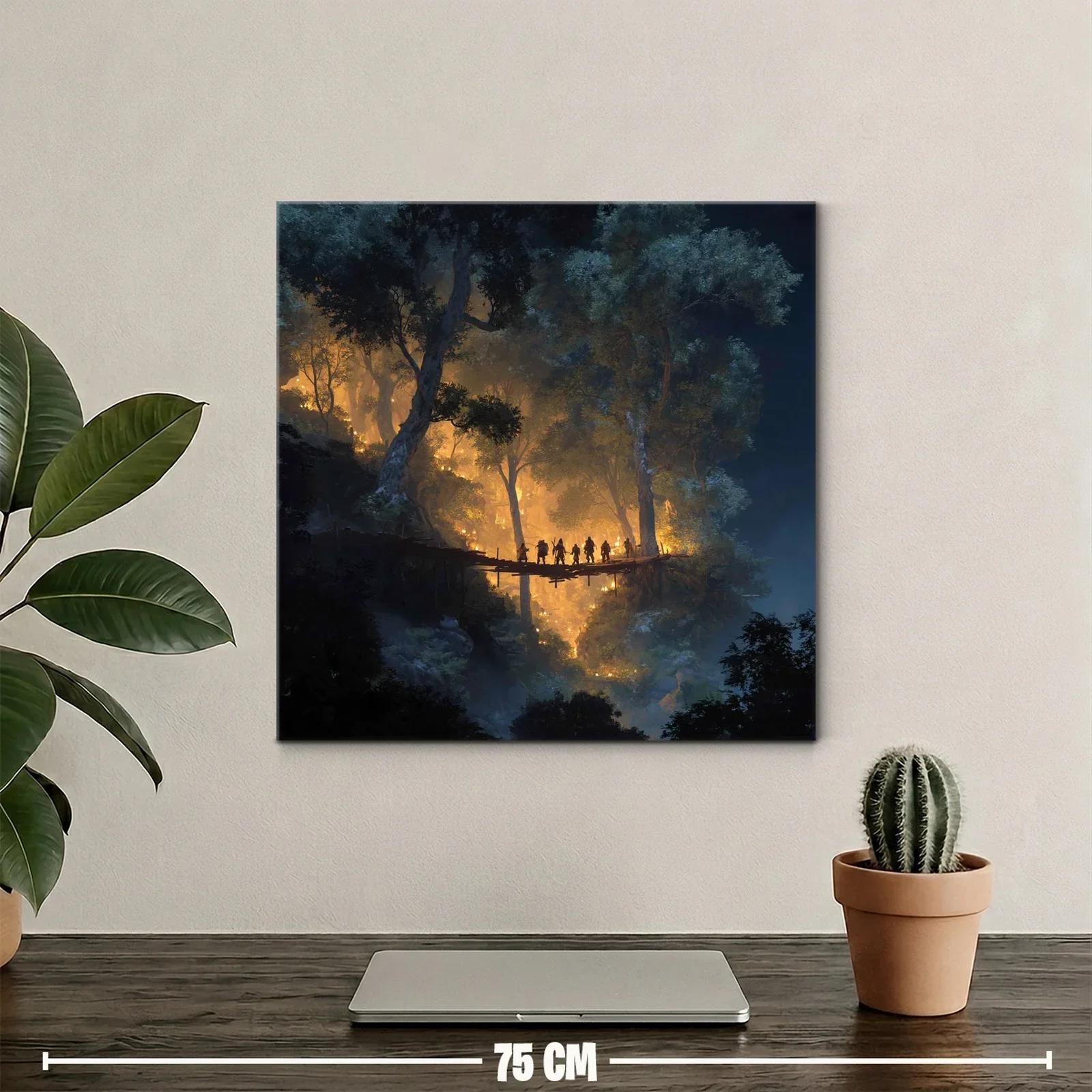 Escena mágica de viajeros cruzando un puente en bosque iluminado — miniatura 2