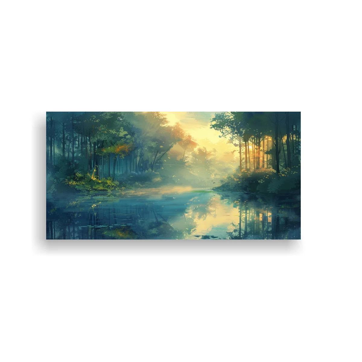 Cuadro lago en el bosque con luz dorada
