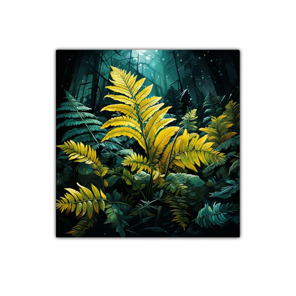 Hojas amarillas destacadas en selva oscura y luminosa
