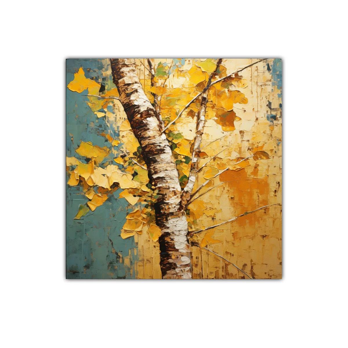 Árbol otoñal con hojas doradas y fondo azul y amarillo