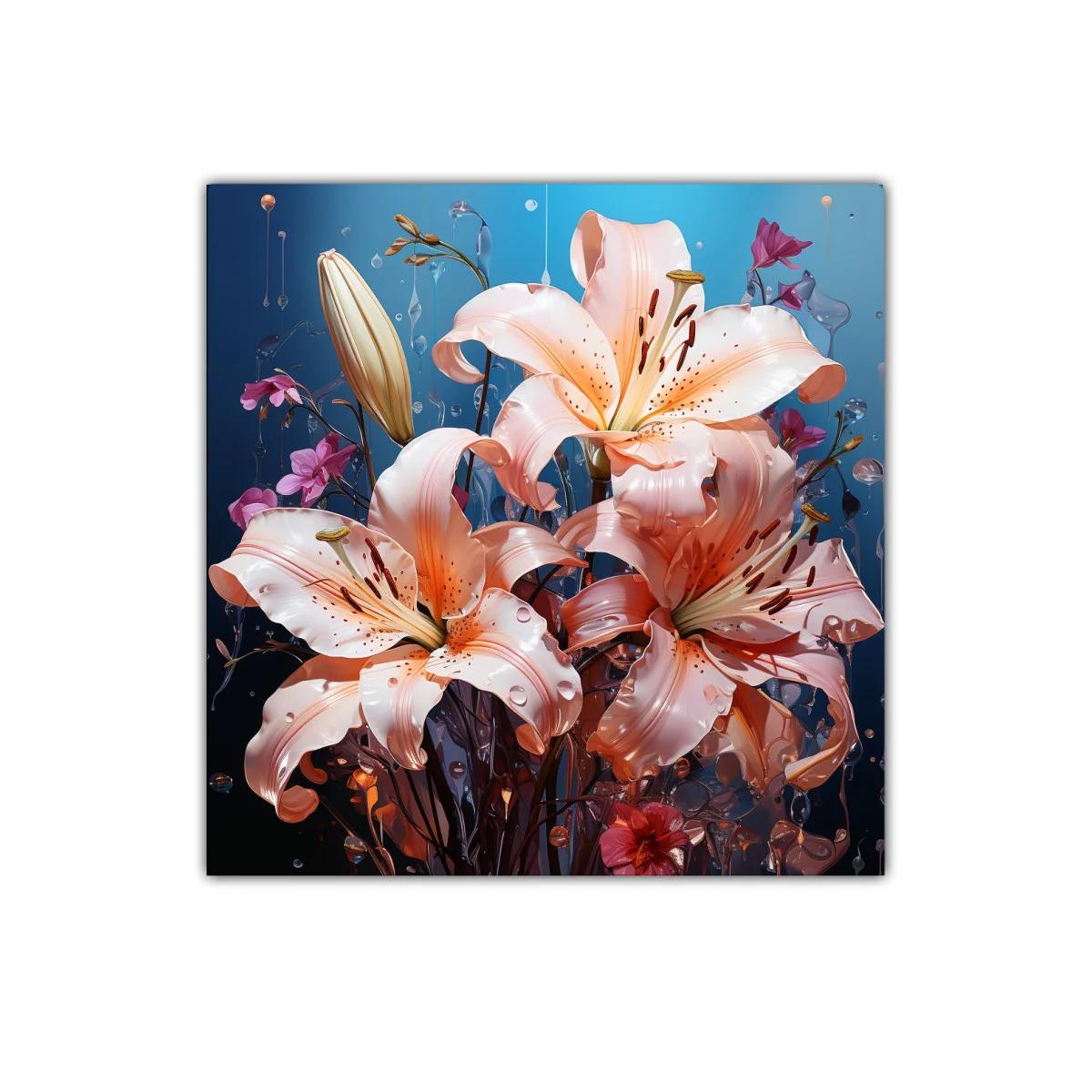 Cuadro decorativo con lirios rosados y fondo degradado azul