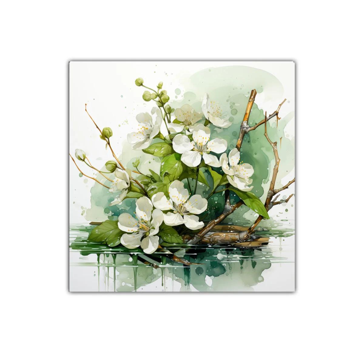 Cuadro decorativo con ramo de flores blancas y hojas verdes — imagen principal