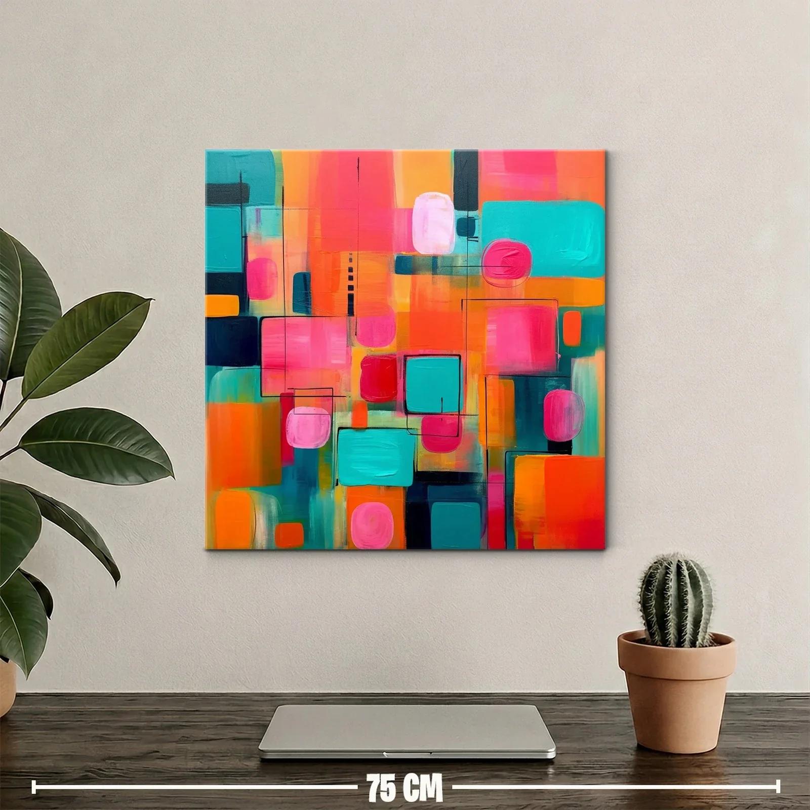 Cuadro abstracto vibrante tonos rosa turquesa y naranja — miniatura 2