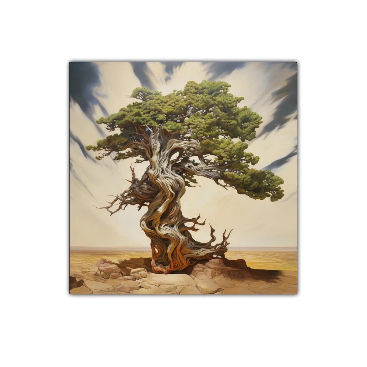 Árbol retorcido en paisaje desértico con cielo dramático