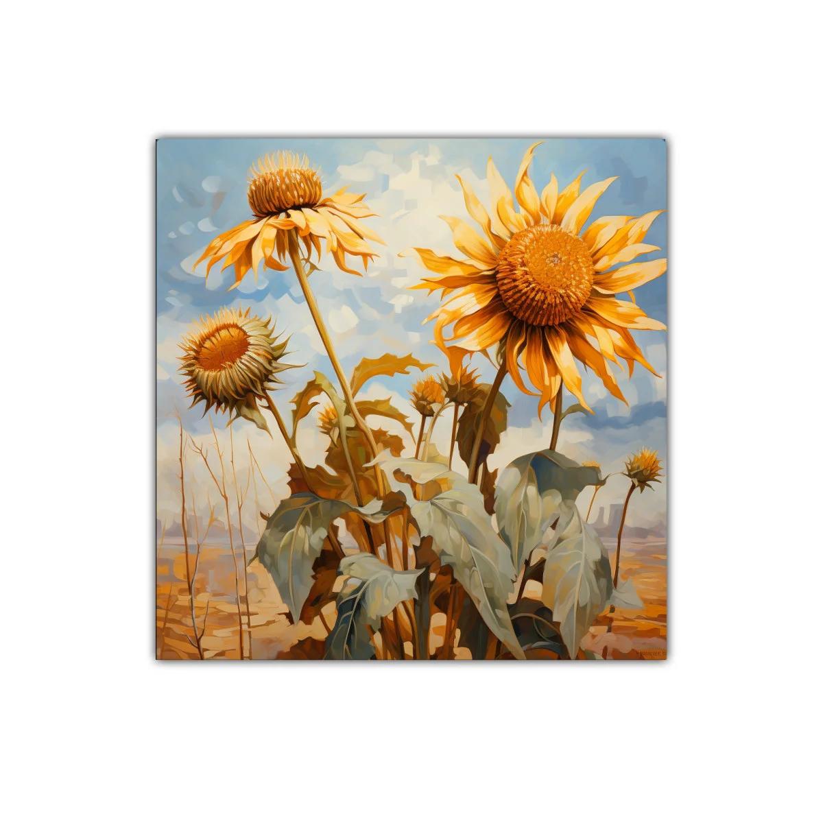 Cuadro decorativo con girasoles en tonos cálidos y cielo azul — imagen principal