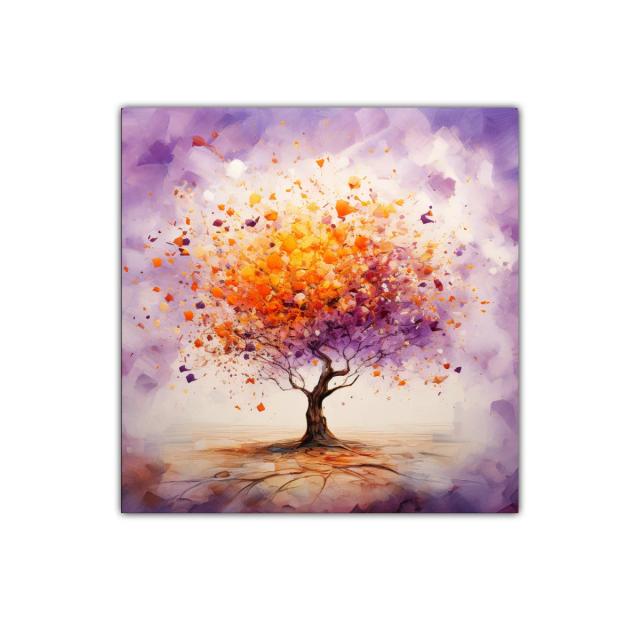 Árbol vibrante con explosión de hojas en tonos cálidos y morados