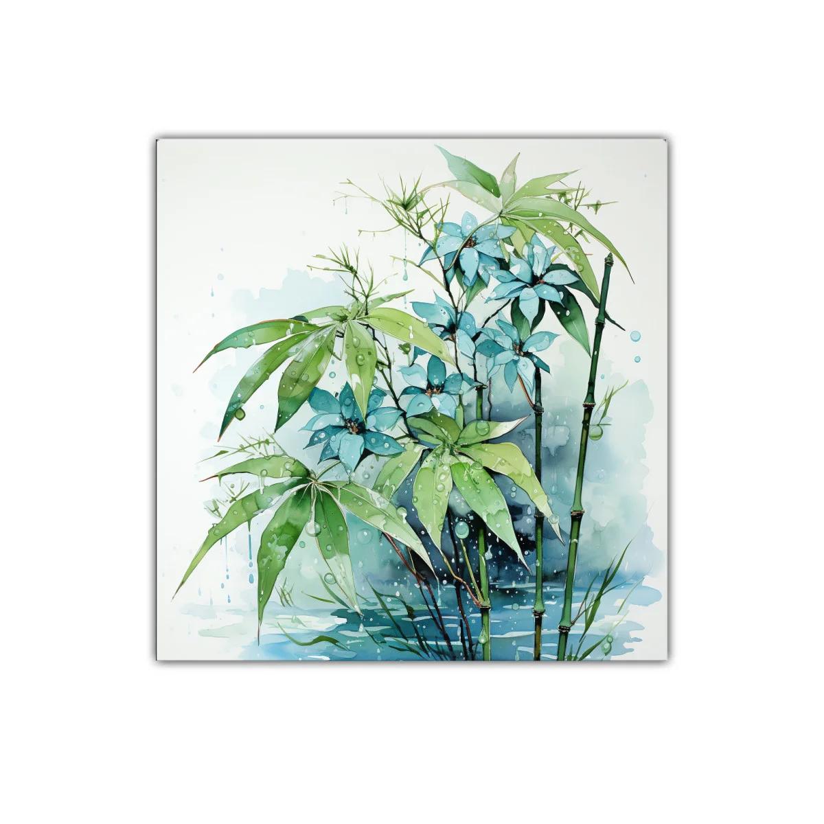 Cuadro con flores azules y hojas verdes en ambiente húmedo — imagen principal