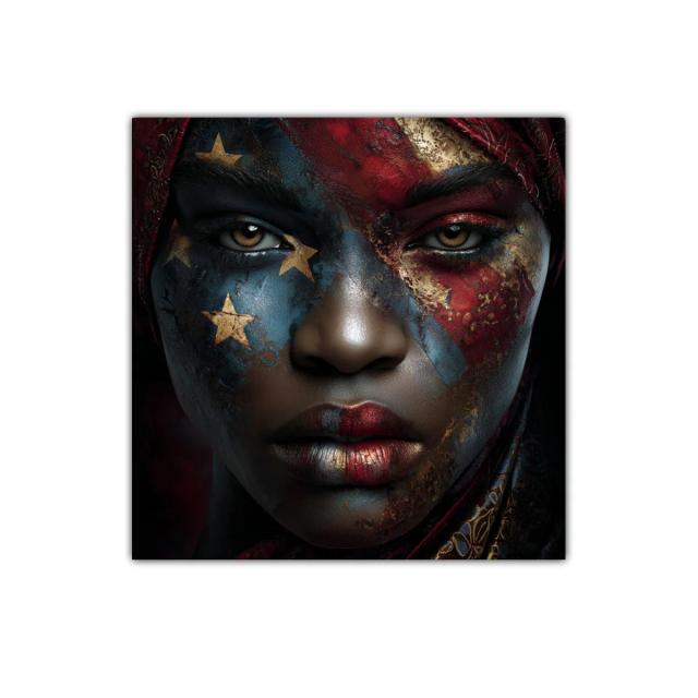 Rostro expresivo con pintura facial en tonos rojizos y dorados