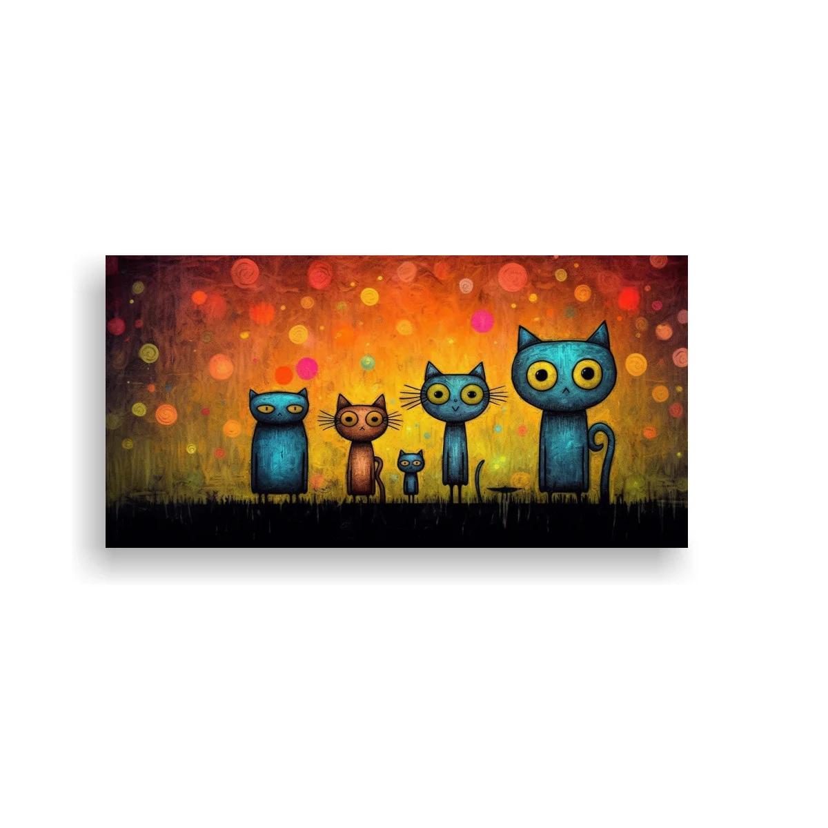 Cuadro cuatro gatos de ojos grandes con fondo brillante y círculos