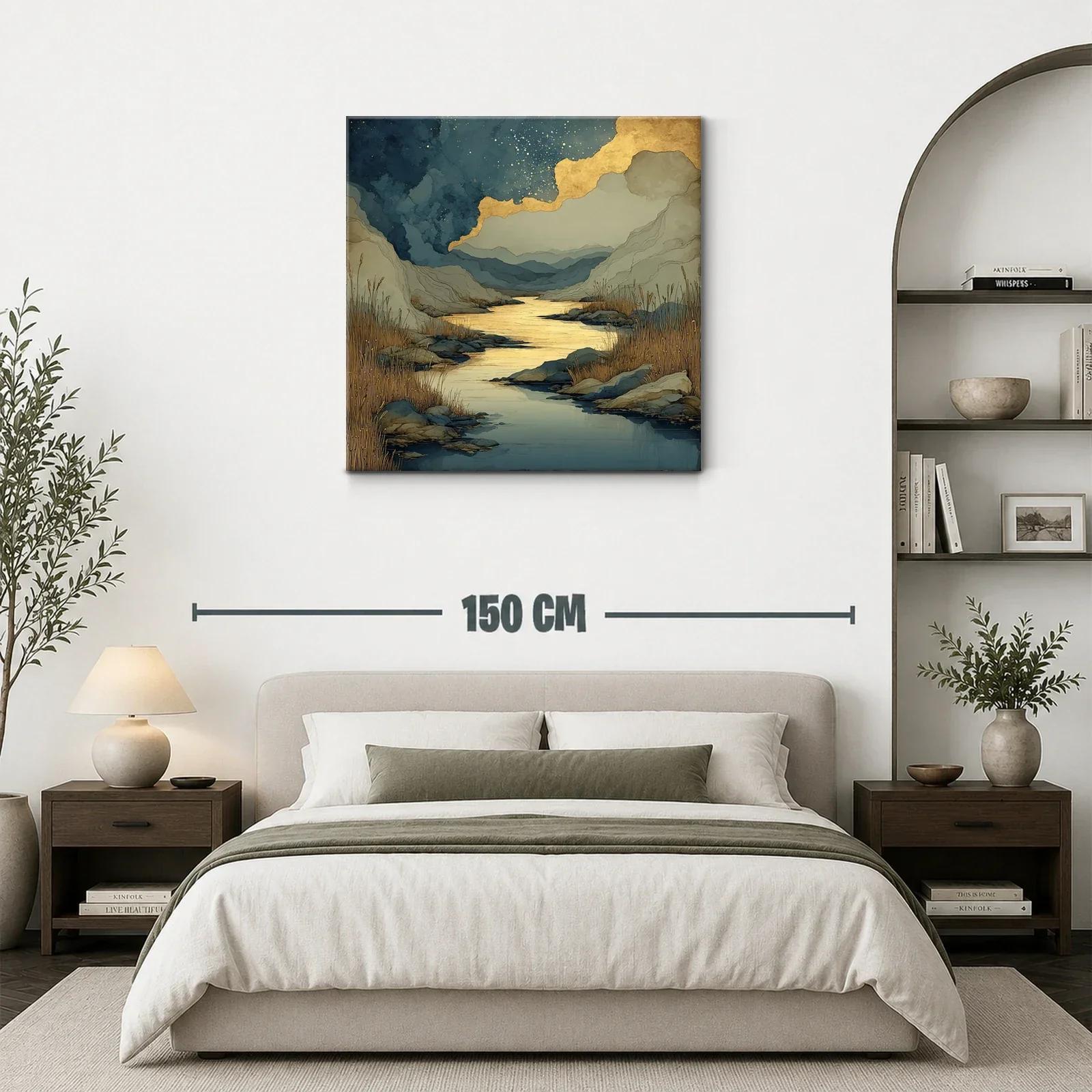Paisaje sereno con río dorado y montañas azules — miniatura 3