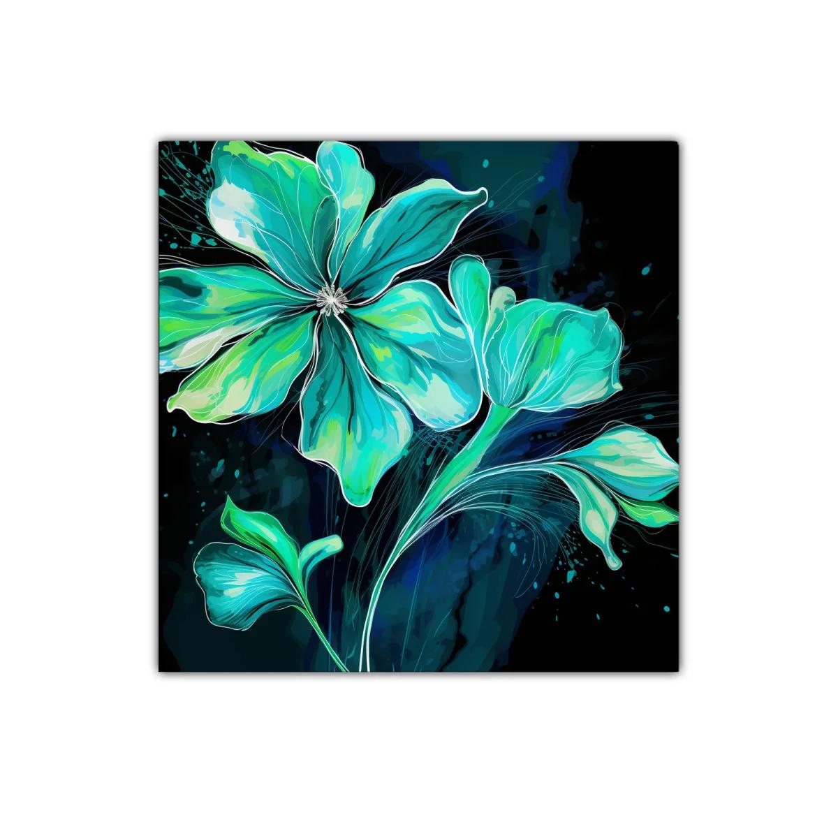 Flor azul vibrante con detalles en verdes y negros