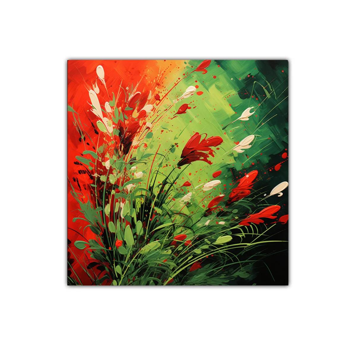 Cuadro vibrante con explosión de flores rojas y verdes — imagen principal